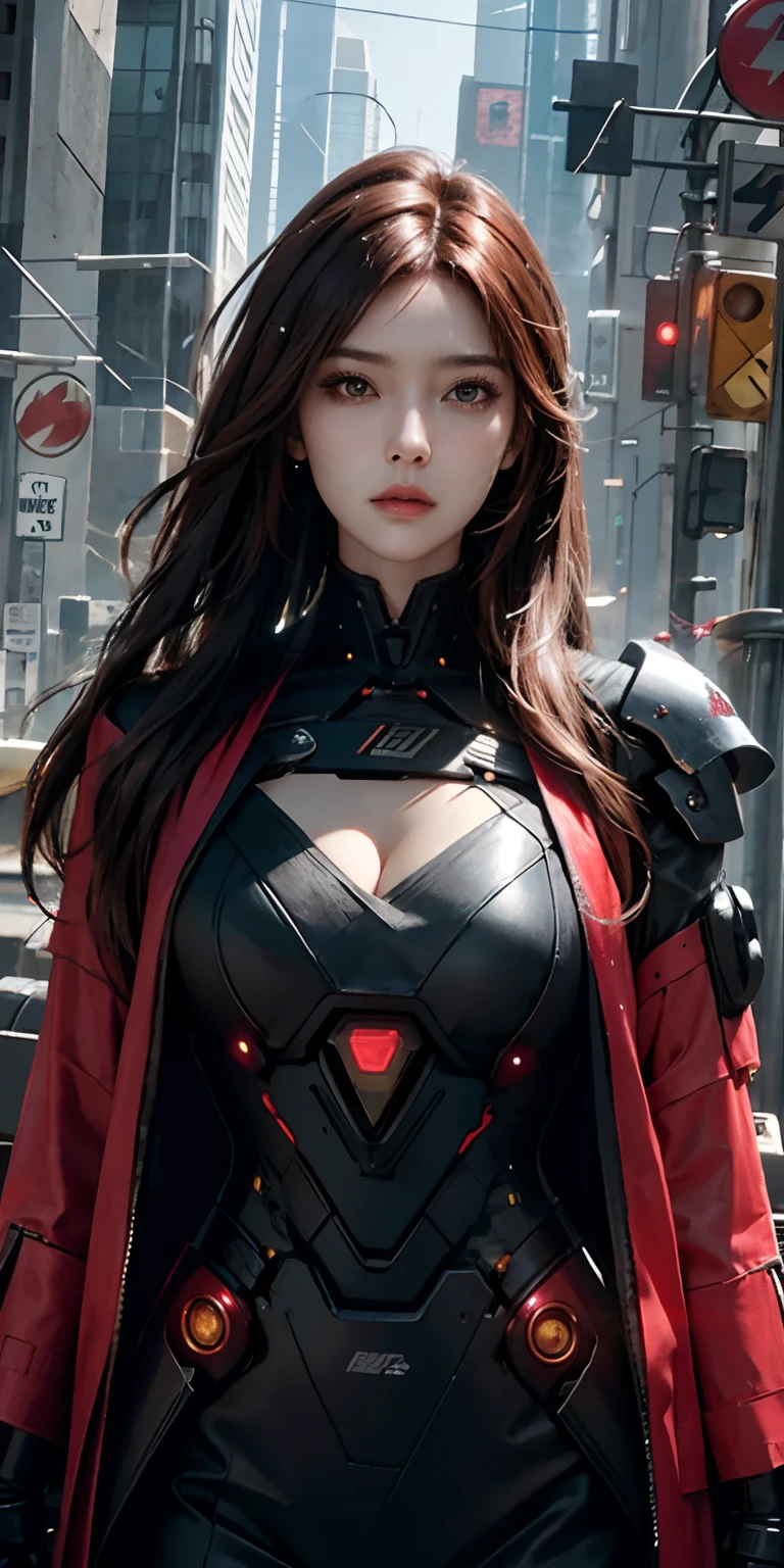 photorealistic, high resolution, soft light,1women, solo, hips up, (detailed face), red long hair, cybersamurai, cyborg, cyberpunk, cyber armor, holding weapon,glowing,on the street , kimono , sniper looking at the target.