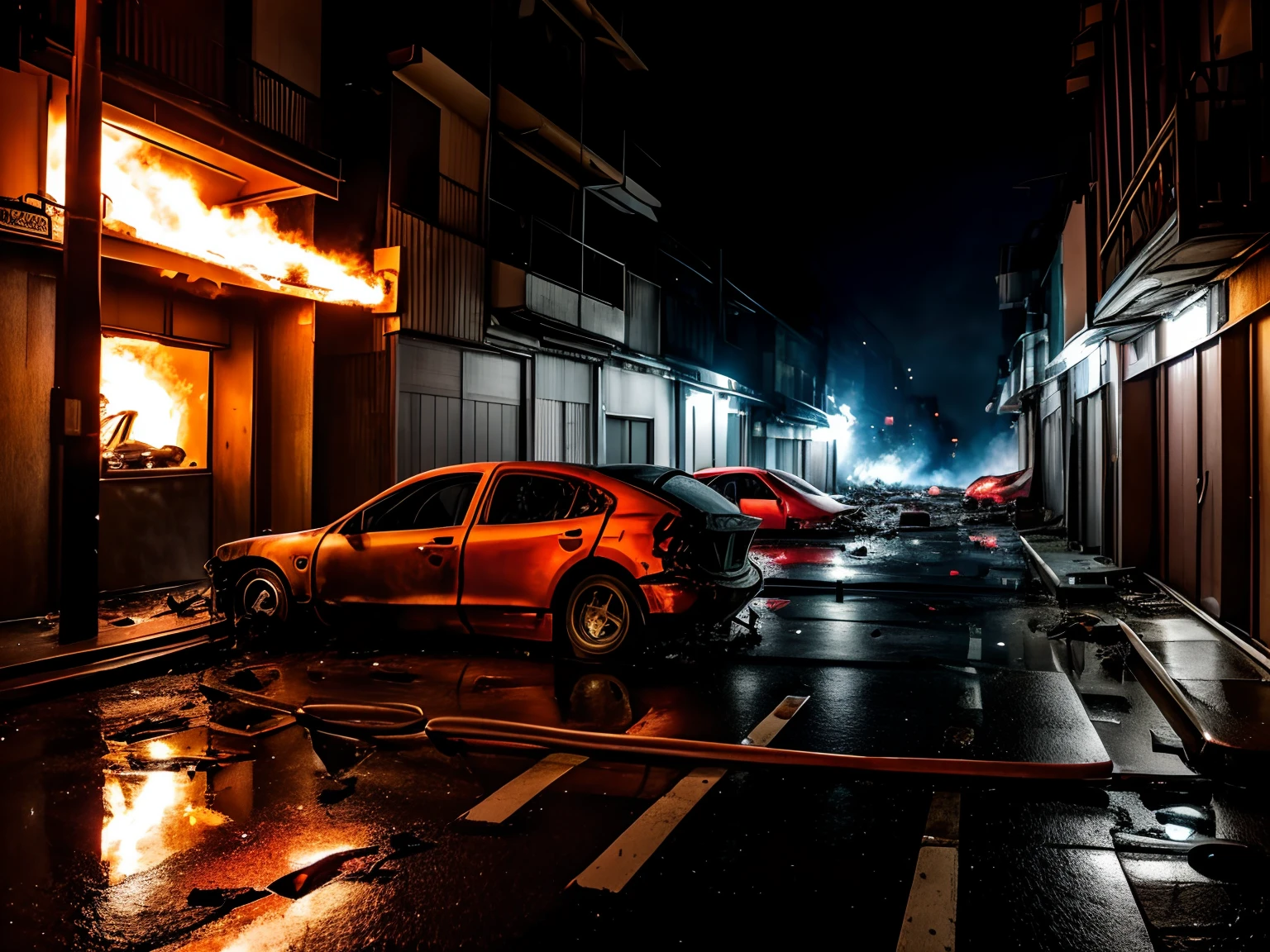 Gloomy night time alley way, flaming cars, post-riot, chaos, tokyo red light district, ((flaming car wreck)), ((car on fire))