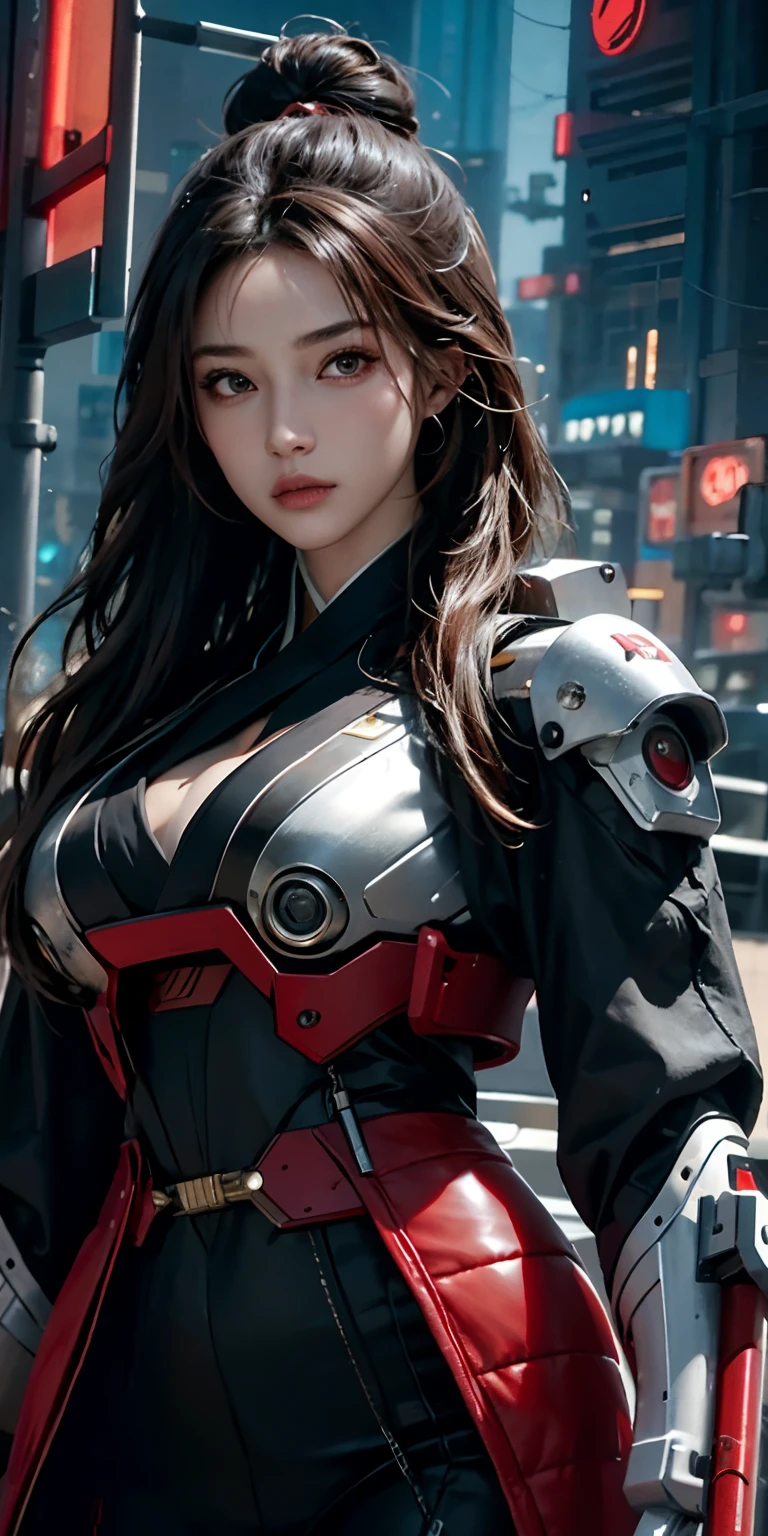 photorealistic, high resolution, soft light,1women, solo, hips up, (detailed face), red long hair, cybersamurai, cyborg, cyberpunk,  cyber armor, holding weapon,glowing,on the street , kimono , sniper looking at the target.