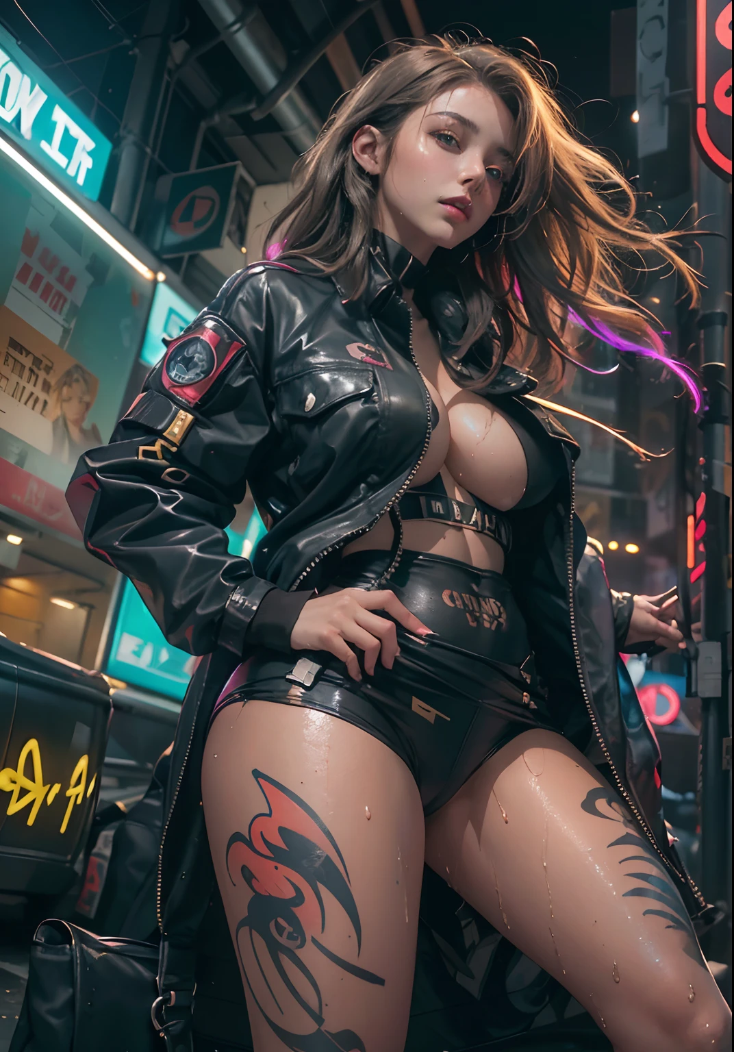 ((masterpiece))((highest quality))((27 year old girl,shoulder length highlight hair ))head to knee portrait ((she's seductively standing alluringly sexual revealing herself through opening her outfit. Whole body portrait, her huge breasts bursting out of her top,Partially exposed breast naked. )). ((Background is a Highly detailed cyberpunk club with multicolor LED lights. Graffiti .Luminous.))4k. Highly intricate details. Cinematic. Highly Reflective wet sidewalk.