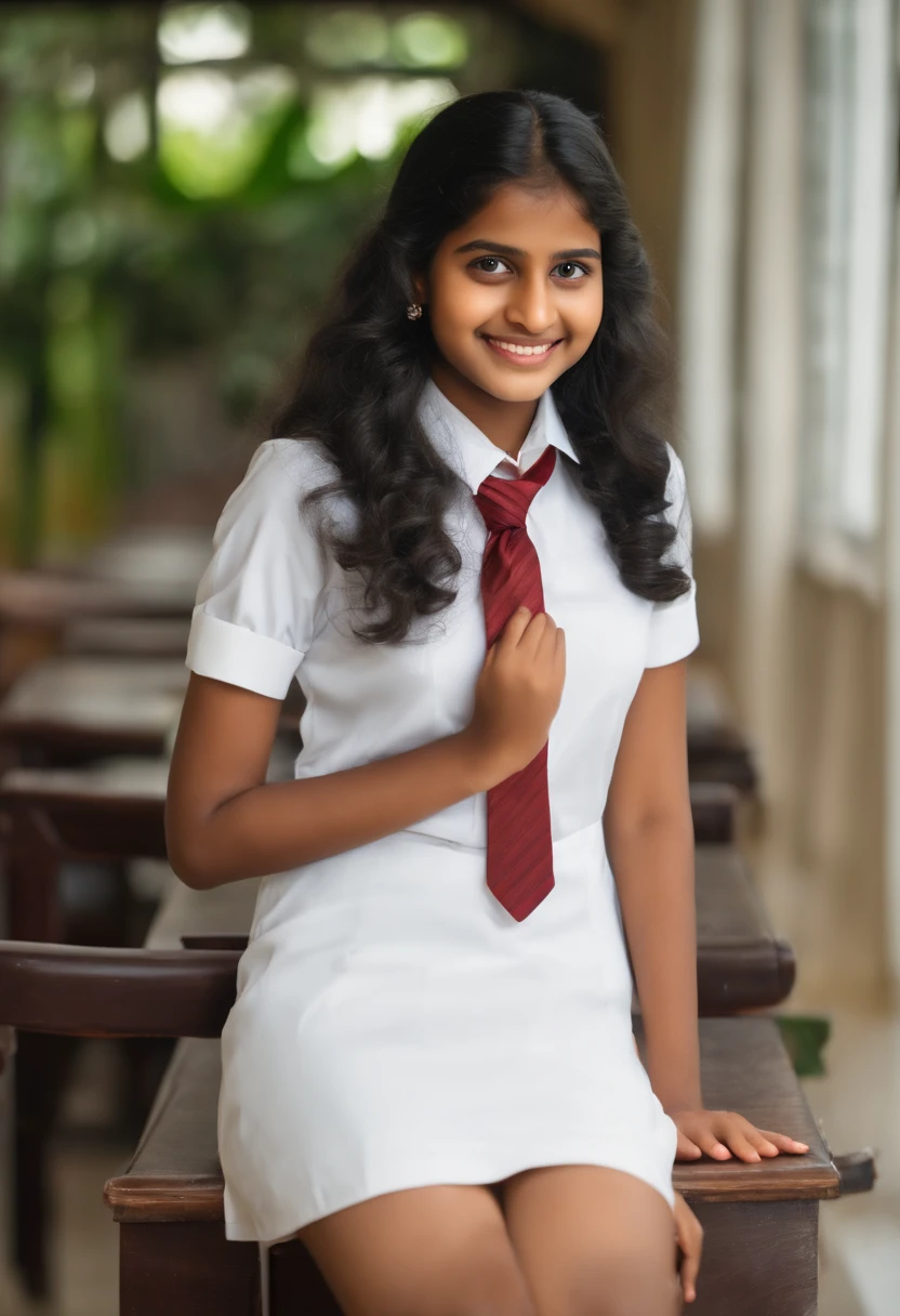 Realistic,A -yeld Sila beautiful Sri Lankan cute girl wore a A white school short dress, coloured Tie, beautiful face, beautiful, black long hair, smile, short body.legs are visible,on the table