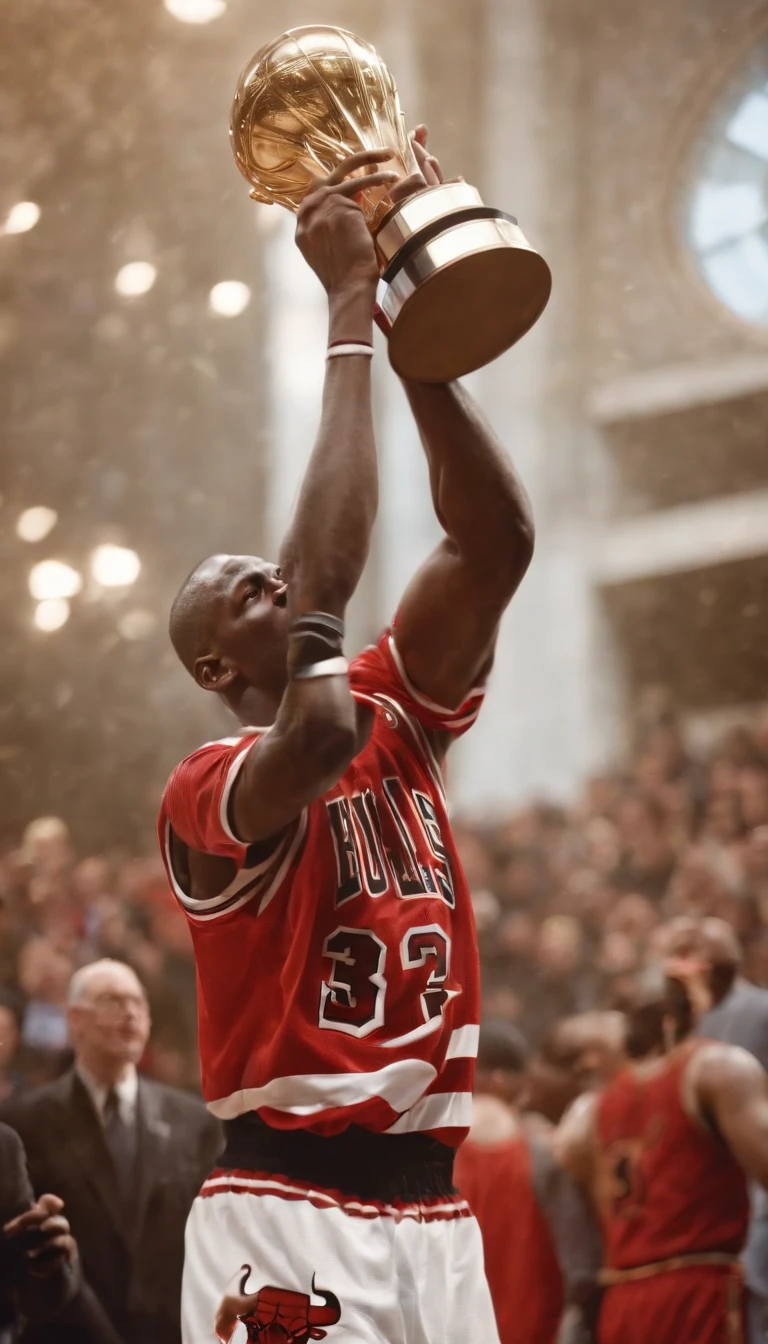bulls player holding trophy in air, with money flying around him, michael jordan, holding the larry o'brien trophy,