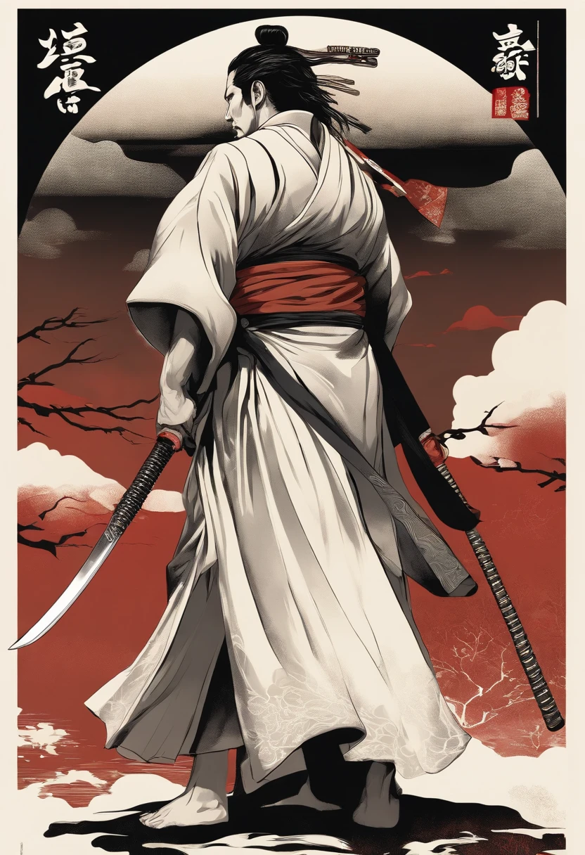 It is a full-body painting with natural colors with Katsushika Hokusai-style line drawings. The swordsman Miyamoto Musashi has a big body like a strongman. Samurai of Japan. He has a dignified yet manly expression of determination, short black hair, and a short, trimmed beard. His upper body is covered in a black kimono and his hakama is knee-long. In his right hand he holds a Japan sword. In the highest quality, in the high-resolution ukiyo-e style lightning and swirling flames of the masterpiece. Miyamoto Musashi stands with his face and body facing forward, his back straight.