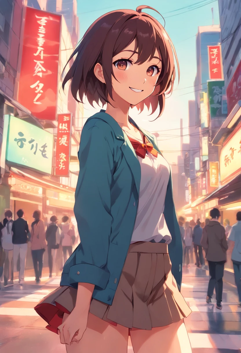 Chica de anime sonriendo, cabello rosado, cabello desordenado, ojos rojos, cara linda, Mirada de novia, Parte superior blanca, falda corta negra, pose sensual, cuerpo completo, baja estatura, ropa colegiala