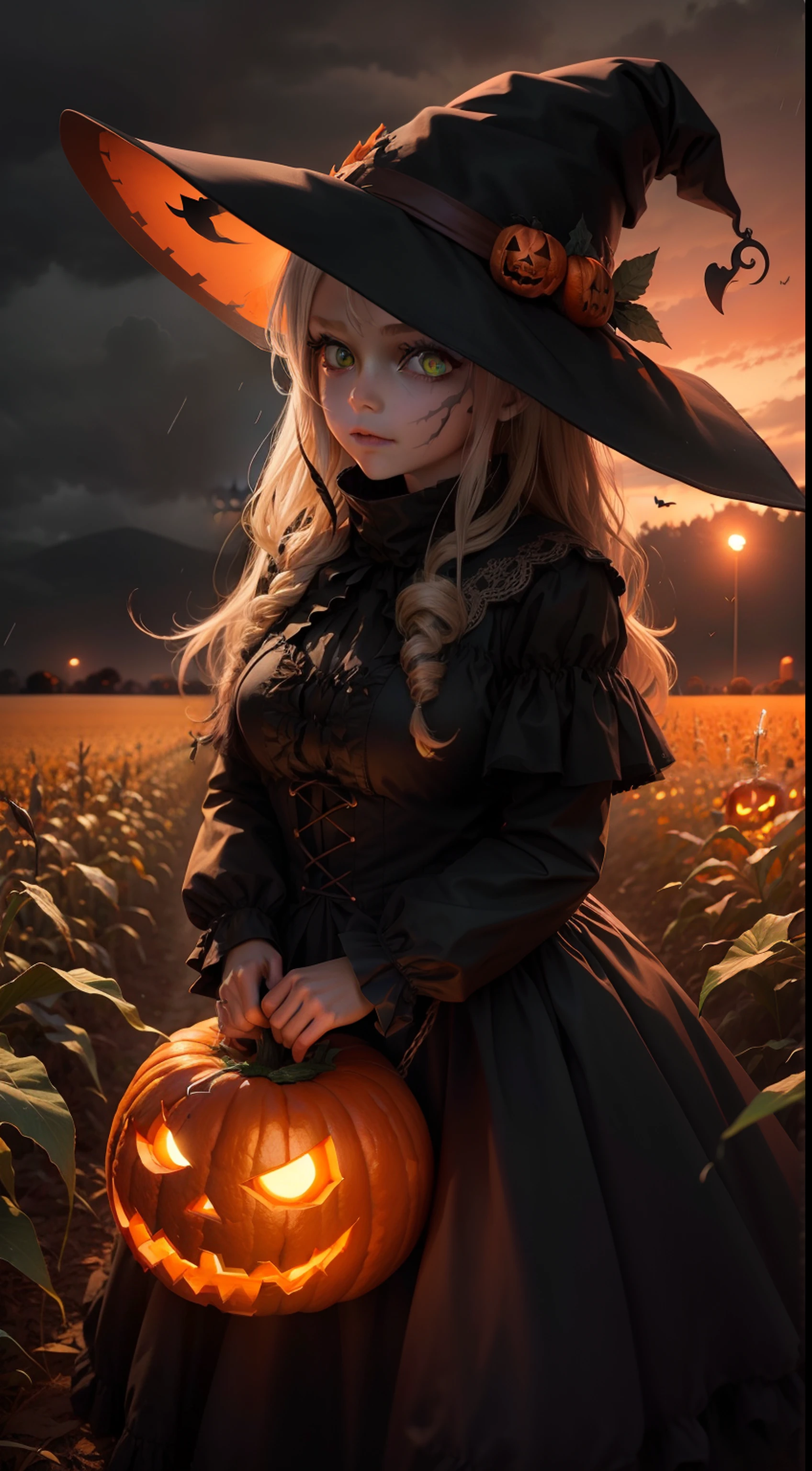 a scarecrow with a jack o'lantern head, night, fall weather, dark, creepy, cornfield, field on fire, rain, demonic, glowing red eyes