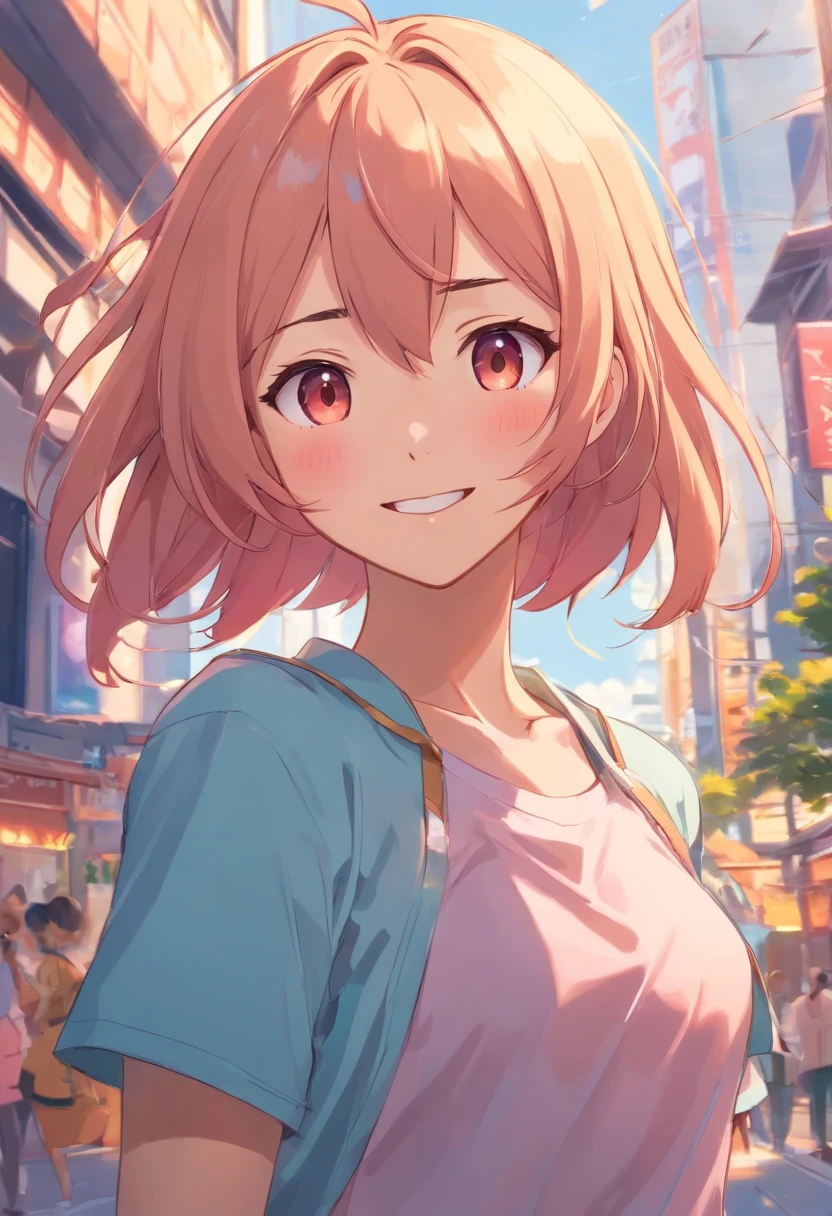 Chica de anime sonriendo, cabello rosado, cabello desordenado, ojos rojos, cara linda, Mirada de novia, Parte superior blanca, falda corta negra, pose sensual, cuerpo completo, baja estatura, ropa colegiala