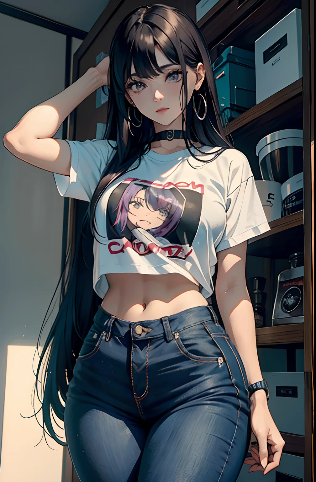 (Hinata Hyuga, muito sensual, com roupas apertadas, bunda grande, pernas grossas, Wearing extremely tight jeans, usando uma mini blusa, umbigo com pirsing, cabelo grande, Speaker behind, muito realista, extremamente sexy, 8k, 8k extremamente detalhado), (um extremamente delicado e bonito), (obra-prima), (melhor qualidade: 1.0), (ultra highres:1.0)