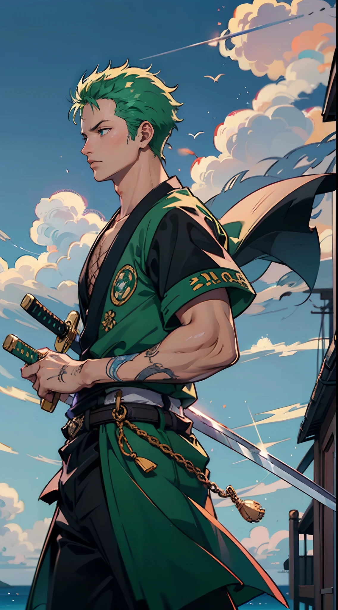 (Qualidade 4k),Roronoa (4k quality),Roronoa Zoro, 1 boy, blue sky, on the ship , (( 3 sword ))