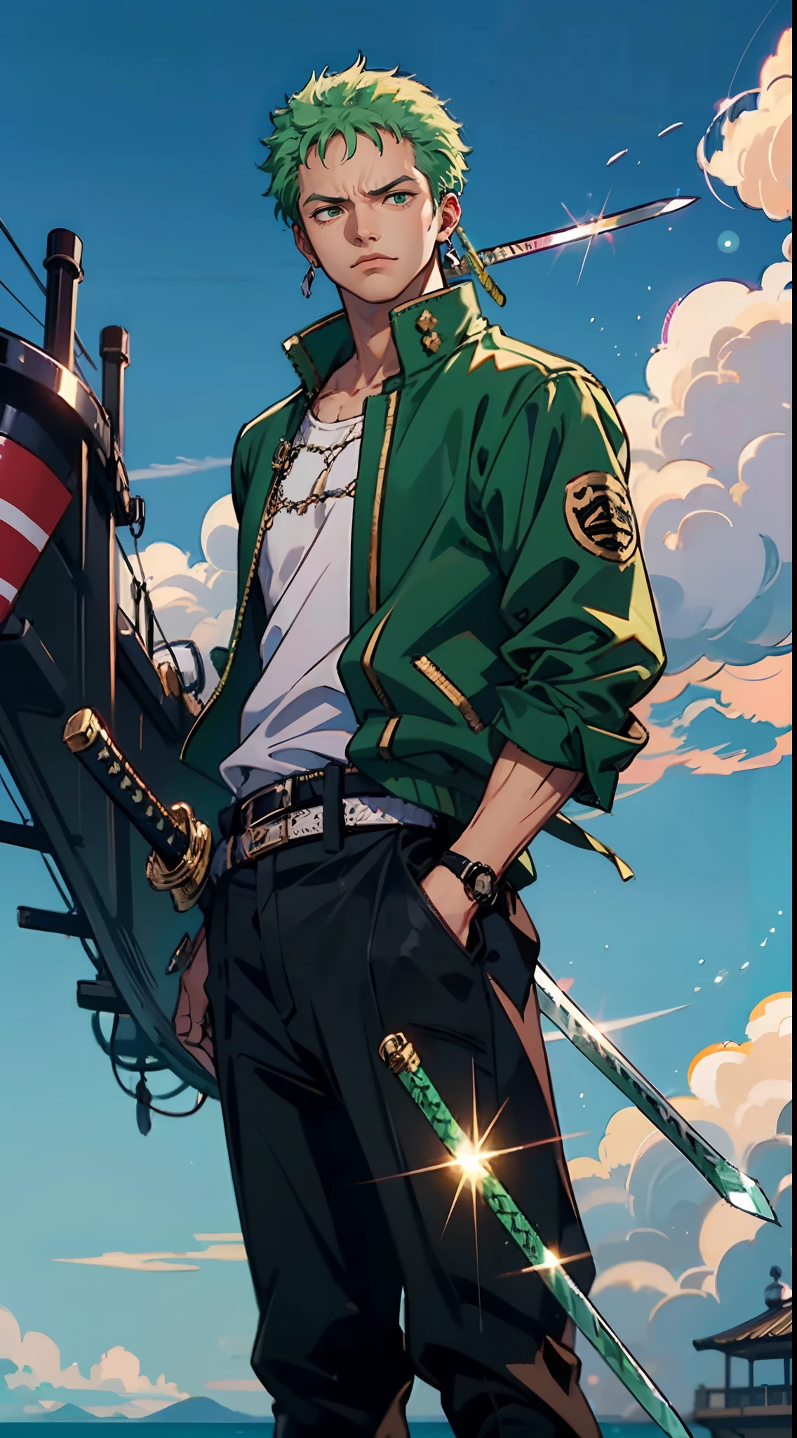 (Qualidade 4k),Roronoa (4k quality),Roronoa Zoro, 1 boy, blue sky, on the ship , (( 3 sword ))