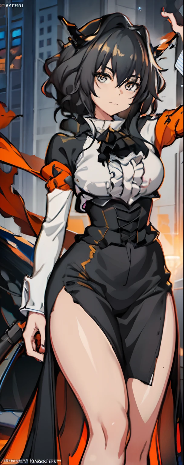 （tmasterpiece：1.3），（best qualtiy：1.3），8K，.((1boy))，((Orange hair))，hair with hot Pink streaks, hair in ponytail,yellow eyes, standing on your feet,bottomheavy,hyper thighs,gigantic ass, Handsome, Mischievous smile,namielle armor, betaset,