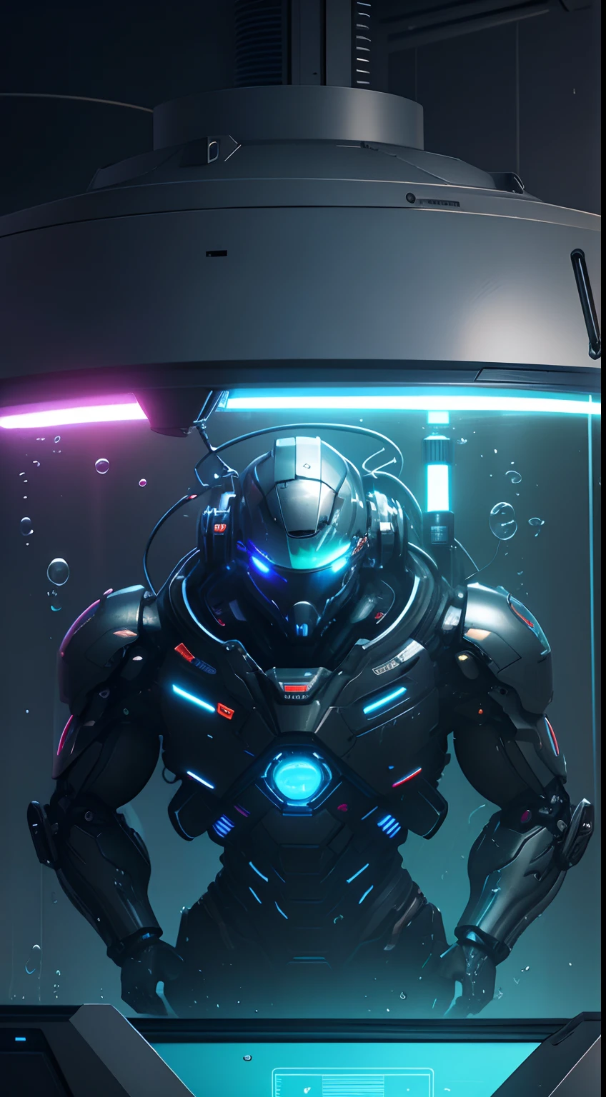 (masterpiece), best quality,( close up on a tank of water) ,[:close up on a  cyborg in a tank, (inside a tank of water:1.3), big cyborg, close up, glass tank, round glass,  robot inside glass, metal, cultivation tank, (underwater:1.3), glowing eyes, metalpieces, a men,sad,the cyborg has glowing eyes, the robot has metal arms, the cyborg has glowing lights and wires in the body, the cyborg is in the dark, the cyborg has a metal head, the robot has humanoid form, (ethereal glow),:8], professional image,, bubbles, wires,cyberpunk, neon glow,reflection, dark, tecnological,  machine cinematic, sad feelings, dark atmosphere, steam, cg render, ultraealistic, extremely detailed, superficie scattering, ray tracing