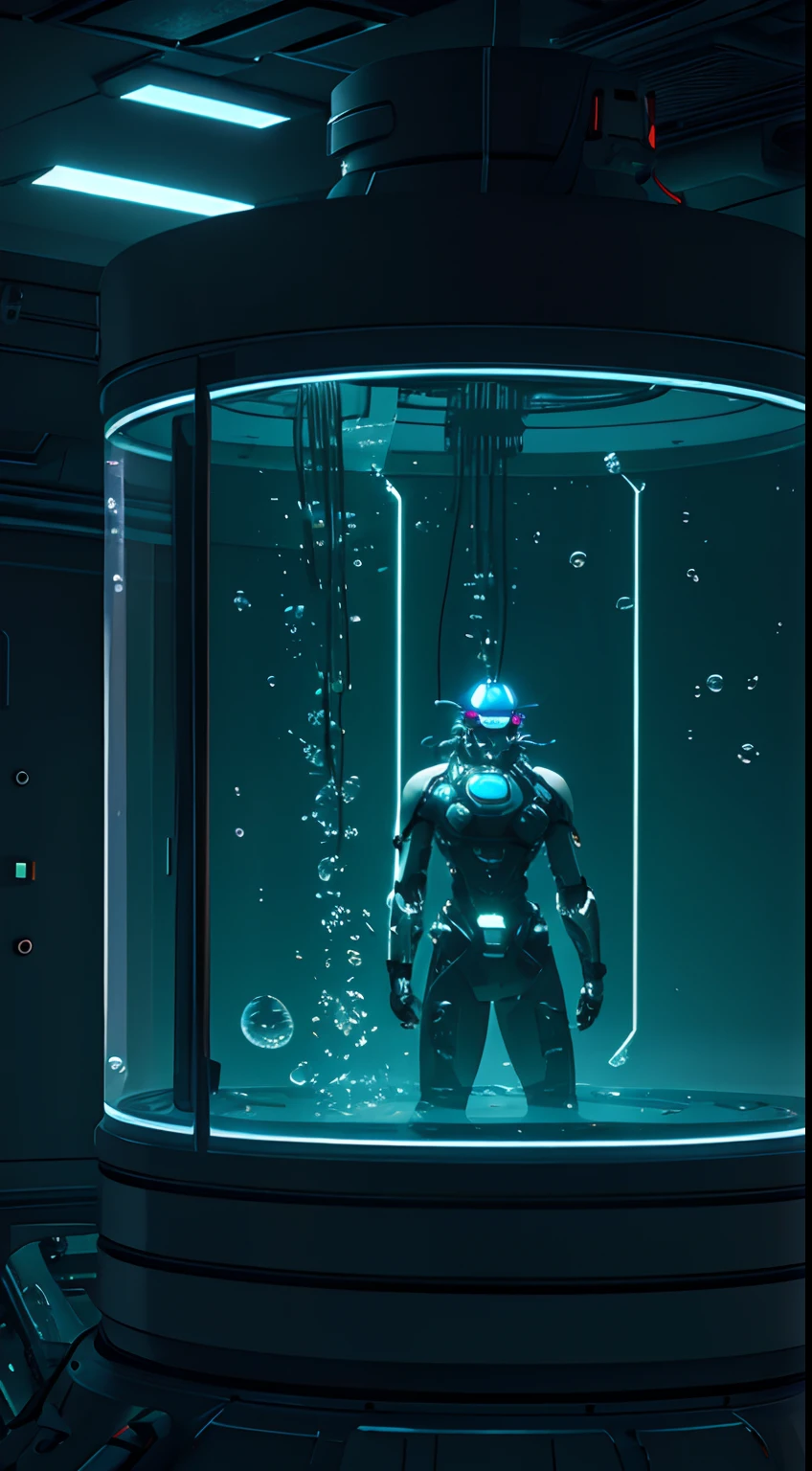 (masterpiece), best quality, close up on a tank of water [:close up on a  cyborg in a tank, (inside a tank of water:1.3)glass tank, round glass,  robot inside glass, metal, cultivation tank, (underwater:1.3), glowing eyes, metalpieces, a men,sad,the cyborg has a visor, the robot has metal arms, the cyborg has glowing lights and wires in the body, the cyborg is in the dark, the cyborg has a metal head, the robot has humanoid form, the cyborg has a visor in the head,(ethereal glow),:8], professional image,, bubbles, wires,cyberpunk, neon glow,reflection, dark, tecnological,  machine cinematic, sad feelings, dark atmosphere, steam, cg render, ultraealistic, extremely detailed, superficie scattering, ray tracing