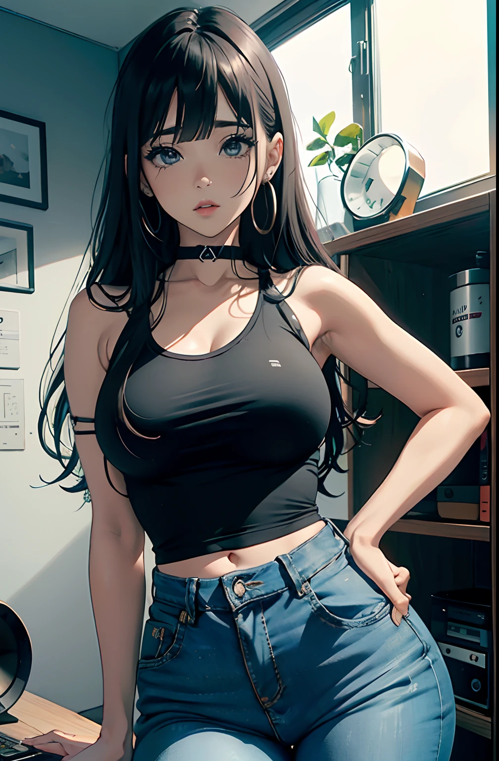 (Hinata Hyuga, muito sensual, com roupas apertadas, bunda grande, pernas grossas, Wearing extremely tight jeans, usando uma mini blusa, umbigo com pirsing, cabelo grande, Speaker behind, muito realista, extremamente sexy, 8k, 8k extremamente detalhado), (um extremamente delicado e bonito), (obra-prima), (melhor qualidade: 1.0), (ultra highres:1.0)