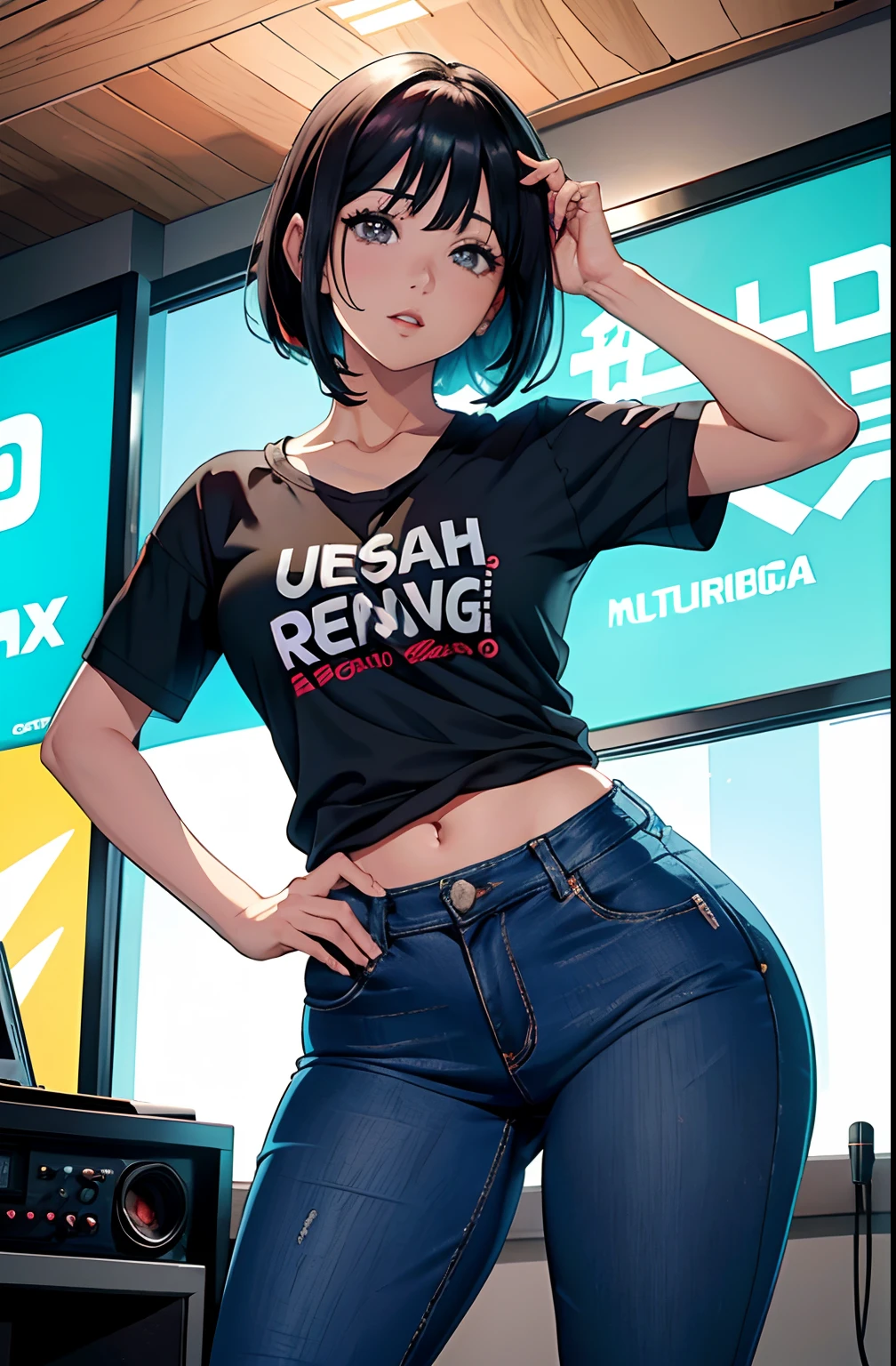 (Hinata Hyuga, muito sensual, com roupas apertadas, bunda grande, pernas grossas, Wearing extremely tight jeans, usando uma mini blusa, umbigo com pirsing, cabelo grande, Speaker behind, muito realista, extremamente sexy, 8k, 8k extremamente detalhado), (um extremamente delicado e bonito), (obra-prima), (melhor qualidade: 1.0), (ultra highres:1.0)
