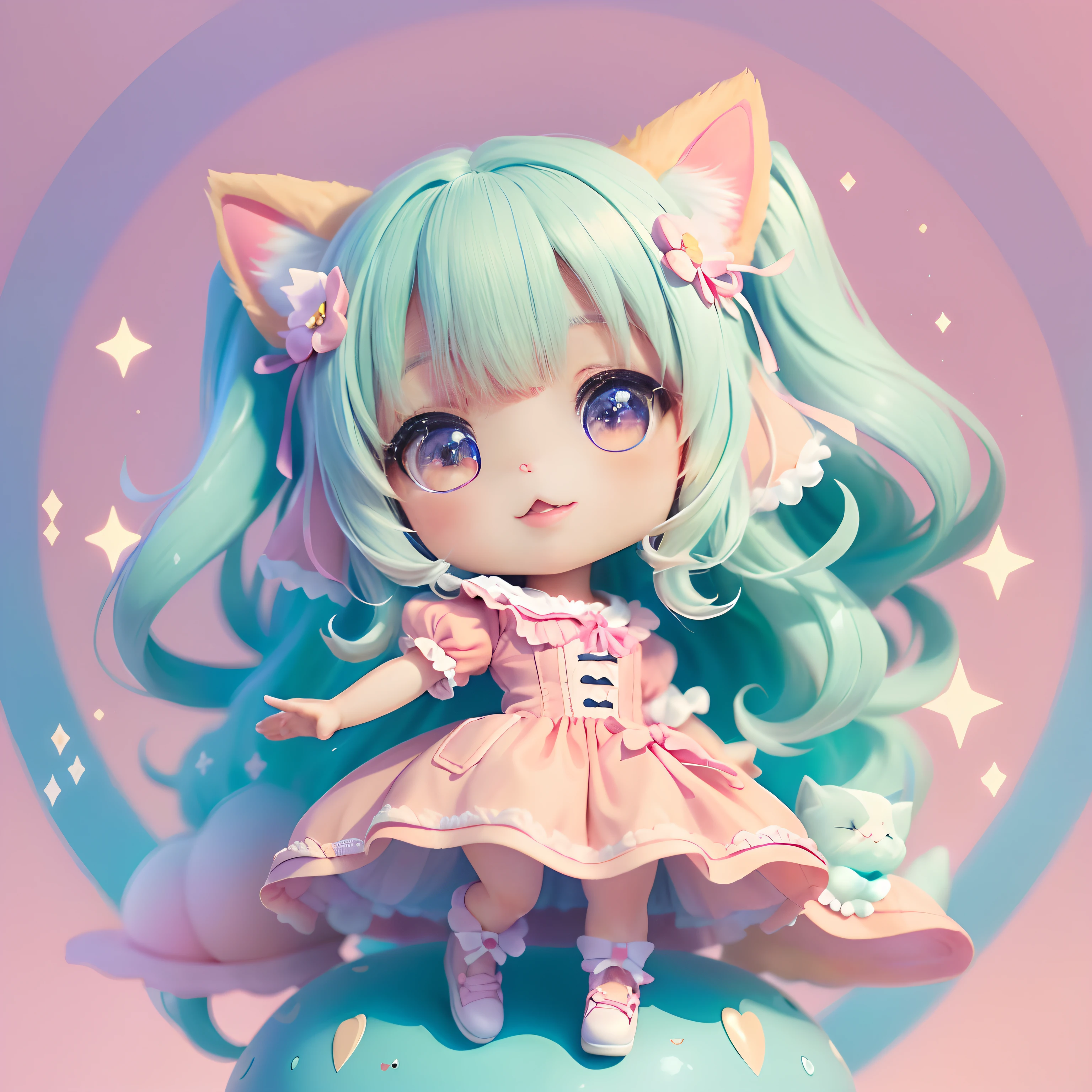 Chibi olhando para cima corpo inteiro anatomia completa , Inclinada, bolhas ao redor, Kawaiitech, kawaii, fofo, pastels colors, best quality 16K,Feliz, vestido lado a lado mangas compridas
