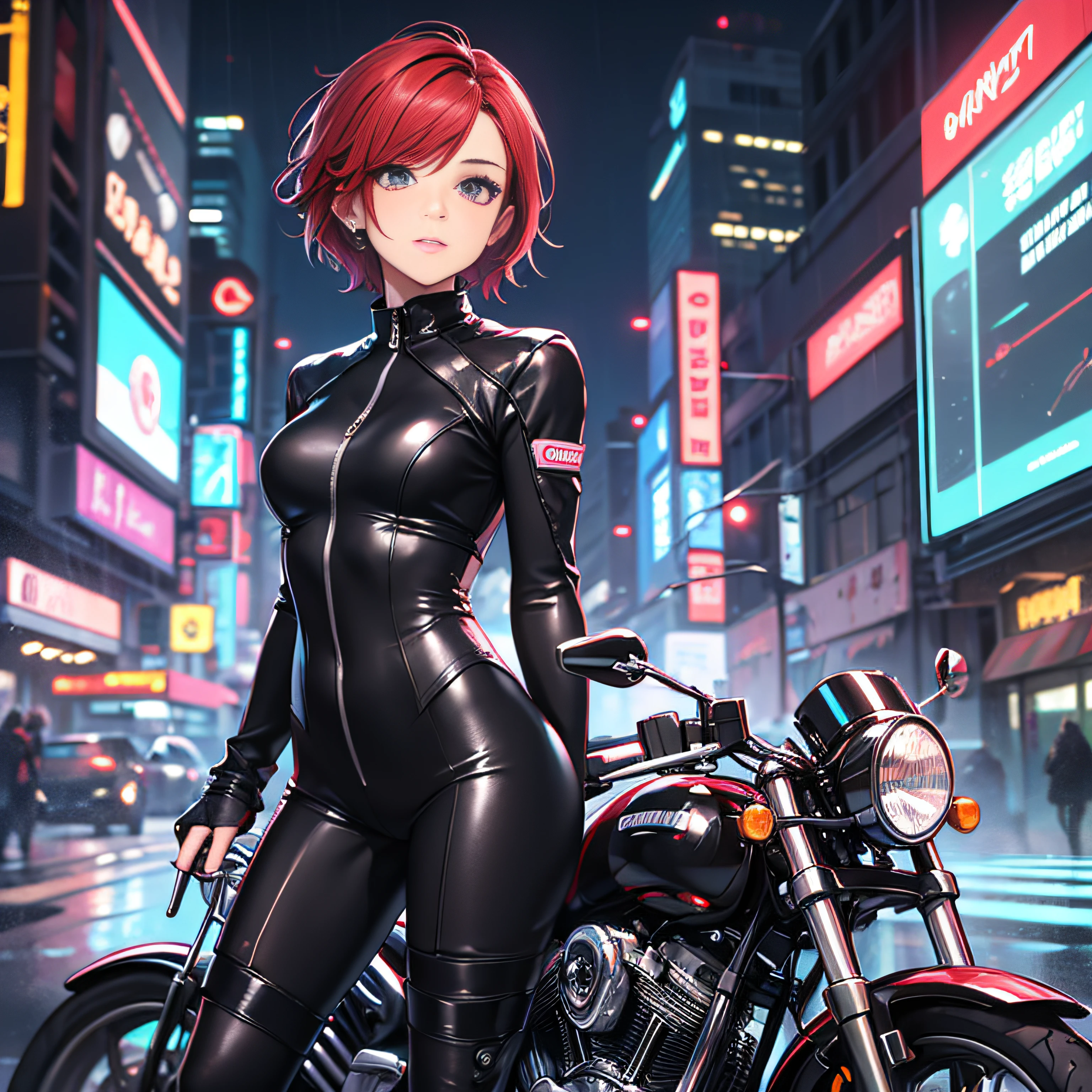 biker girl, motorcycle, Leather one-piece garment, Short hair, Dark colors, Cyberpunk, Neon lights, Red hair, Sexy, tightsuit, Night, the city street, mitts, rain