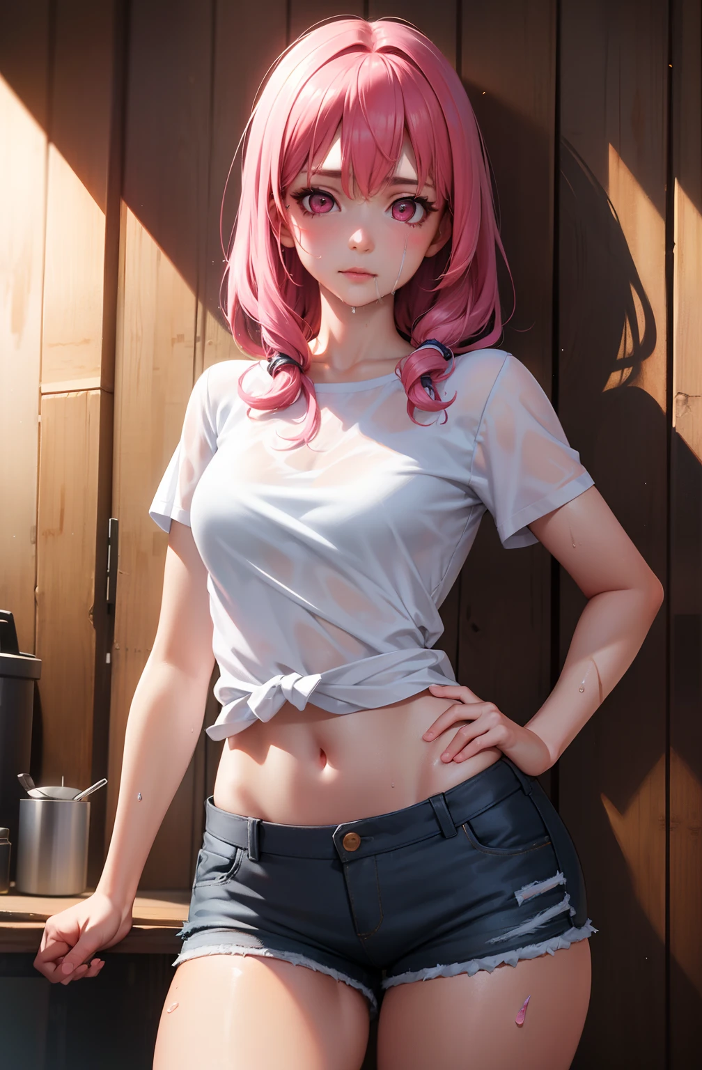 masterpiece, Realistic eyes, Top quality, Bamboo, Closed mouth, Beautiful lighting, Cinematic, 8K, 1girl, Face, Wet face, Liner, Wooden walls, Middle chest, White shirt, Shorts, Wide hips, With condom, Condom on face, Furnace mouse, Pink eyes