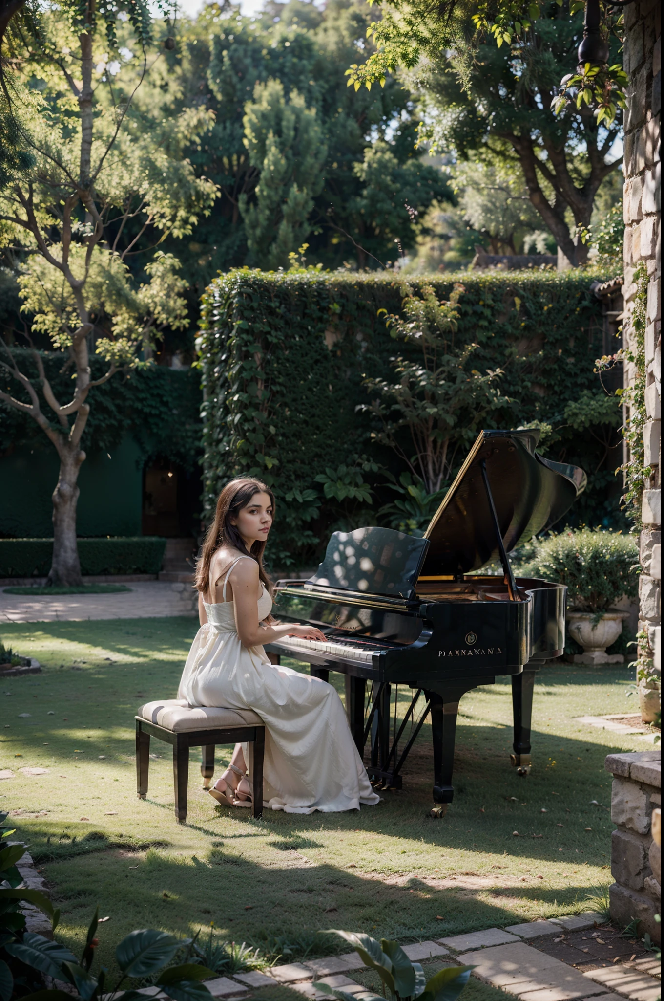 Uma mulher tocando piano sentada em uma banqueta elegantemente, paisagem externa jardim medieval cidade romana, luz do sol iluminando parcialmente o piano, panoramic landscape, cinematographic, HDR, alta qualidade, oc render