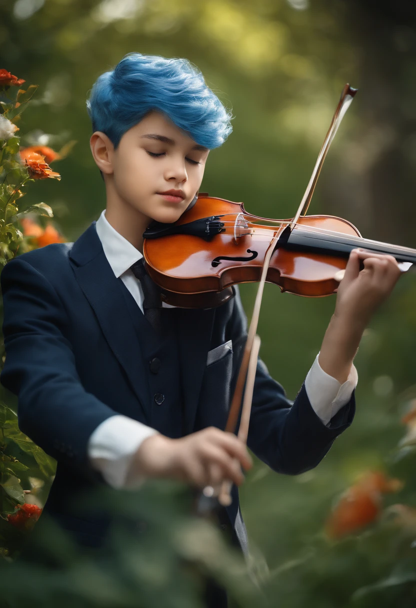 (highres,masterpiece:1.2),ultra-detailed,(realistic,photorealistic,photo-realistic:1.37),A boy with blue hair playing the violin 
(blue hair),(beautiful face),(carefree expression),(striking blue eyes),(detailed facial features),(long eyelashes),(fair skin),
(wearing a tailored black suit),(standing in a lush garden),(sunlight filtering through the leaves),(vibrant colors),(colorful flowers in the background),
(grass under his feet),(an ornate vintage violin in his hands),(playing with passion and skill),(fingers flying across the strings),
(subtle musical notes floating in the air),(creativity flowing through him),(magical atmosphere),(captivating the audience),
(peaceful and soothing melody),(music resonating with nature),(harmony between the boy and his surroundings),
(a sense of tranquility and serenity),(expertly captured moment in time),(impeccable attention to detail),(professional artist's touch),
(realistic textures and shadows),(masterful use of light and shadow),(impressive depth and perspective),(carefully crafted composition),
(every little detail perfectly rendered),(creating a harmonious visual symphony),
(to create a mesmerizing and unforgettable artwork that leaves a lasting impression).
