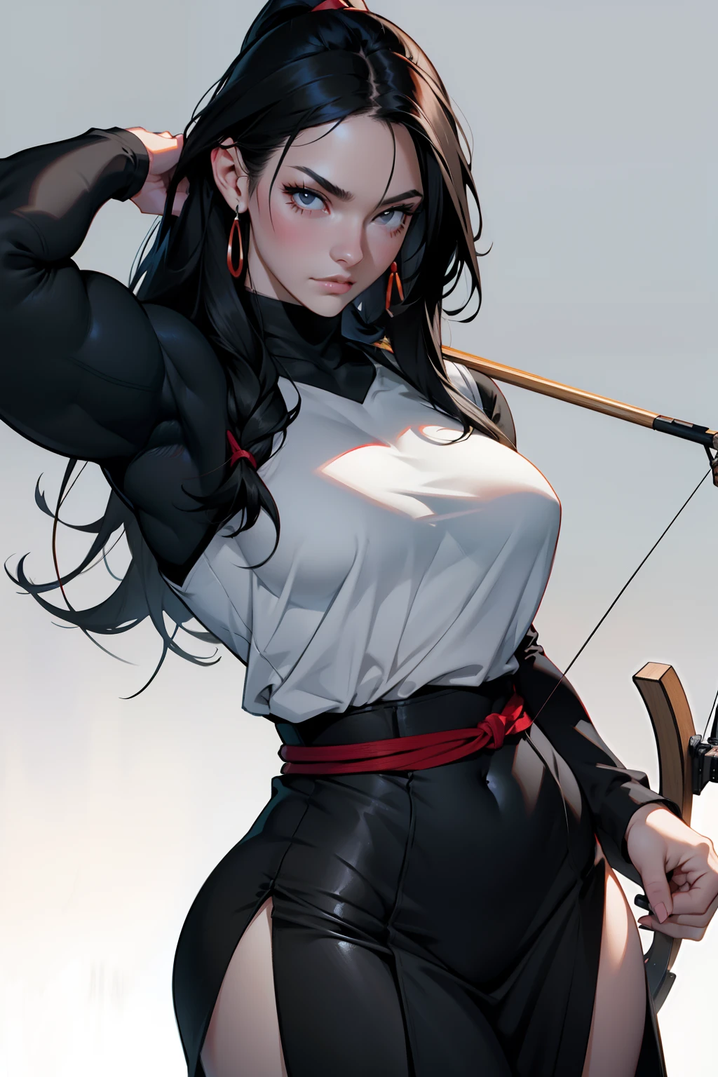 (Obra-prima), Uma mulher branca com cabelo preto, cabelo longo, cabelo solto (melhor qualidade), Ultra resolution, arte profissional, ultra detalhado, perfect lighting, corpo atletico, forte e musculoso, fisiculturista, peitos grandes, black sweatpant, vestindo um manto preto, capa preta, cropped preto, Ninja, expression serious, de costas para o telespectador, foco feminino, in fighting position