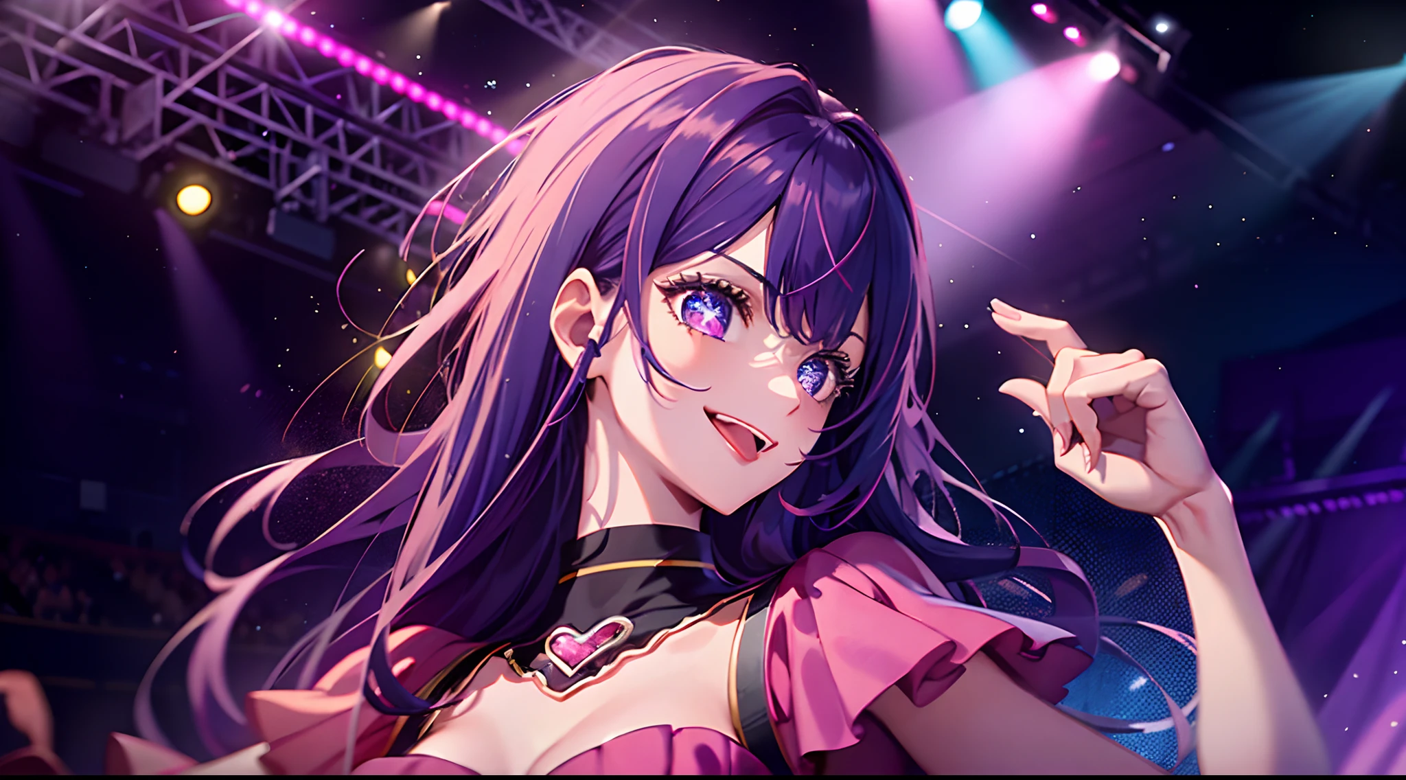 "Masterpiece, intricate details, vibrant colors, (1 girl: 1.2), captivating idol with striking purple hair and a charming smile, wearing a stunning pink dress adorned with stars, mesmerizing starry eyes, performing on a dazzling stage, gracefully dancing while holding a microphone, viewers cheering at her under the stage,with an alluring touch of playfulness and a hint of tongue sticking out, in breathtaking 8k resolution."