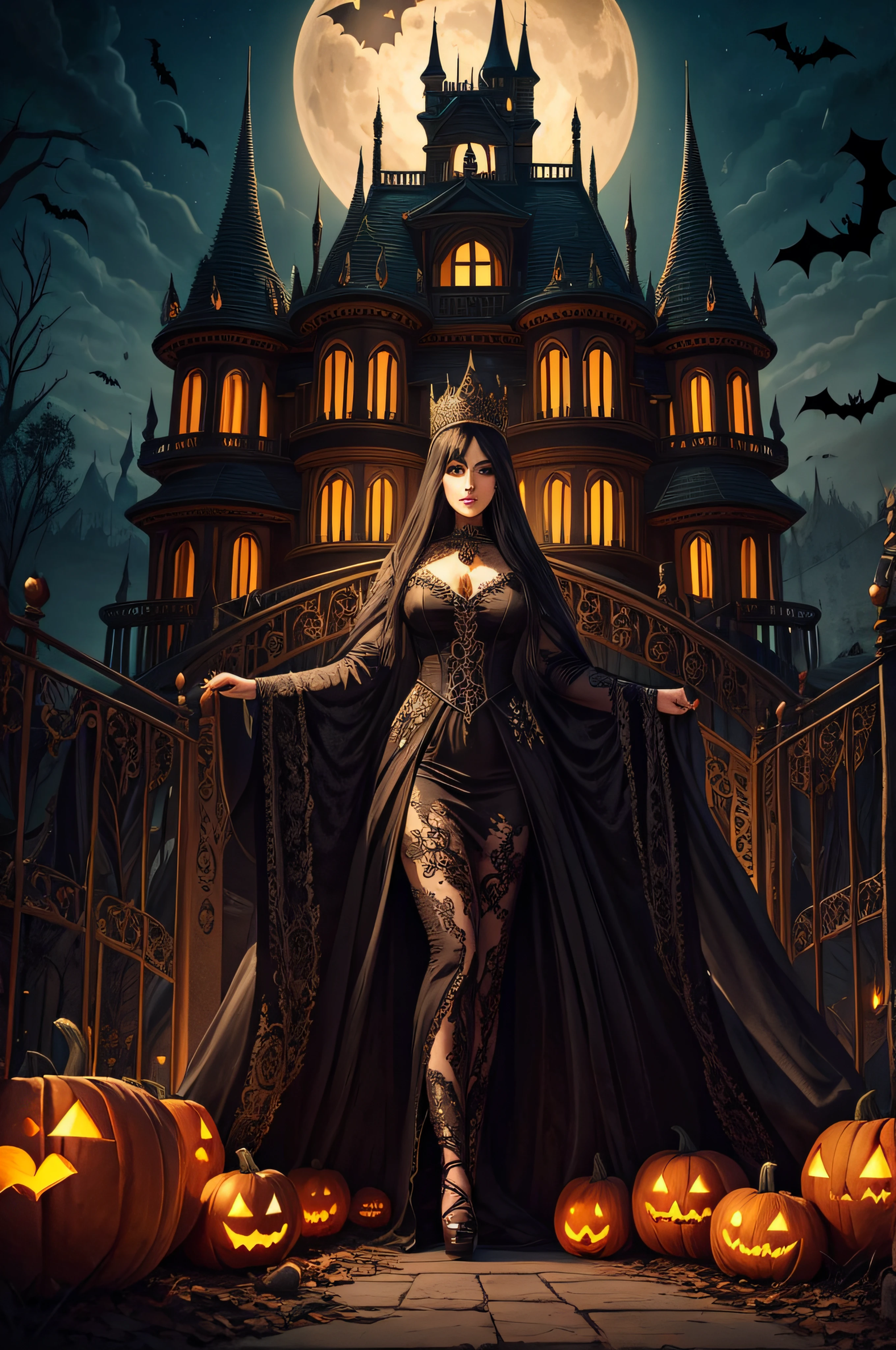 Landscape full body queen of the dead, Halloween palace in the valley, theme Halloween spectacular intricate detailed, surreal