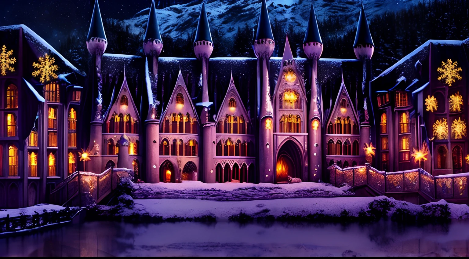 Hogwarts castle in Christmas, bright lights, positive cozy vibes, snow, starry night