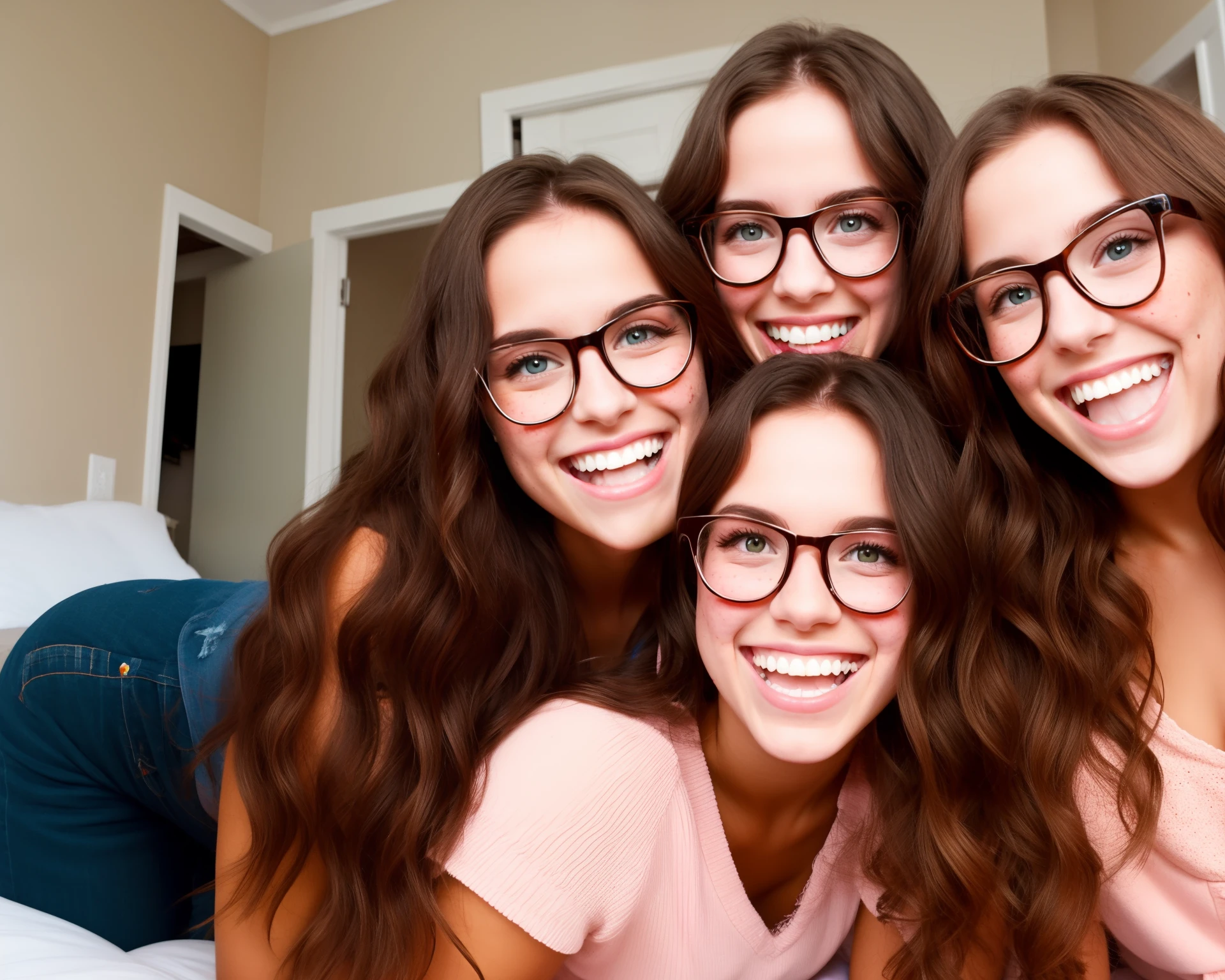 Two sisters with glasses and freckles. One with brown hair and one dirty blonde laughing in their room on the floor