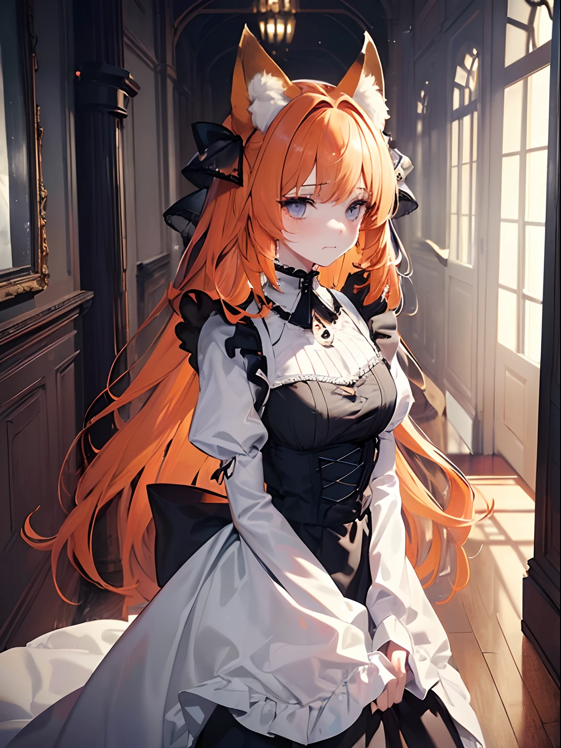 (masterpiece,best quality,ultra-detailed),1girl,fluffy ears,fox ears,orange hair,beautiful and detailed face, detailed eyes,looking at viewer,((grey theme),((depression, sadness, melancholy)),tired expression,diadem,gothic maid uniform,(foreground),in an old mansion,hallway,dark