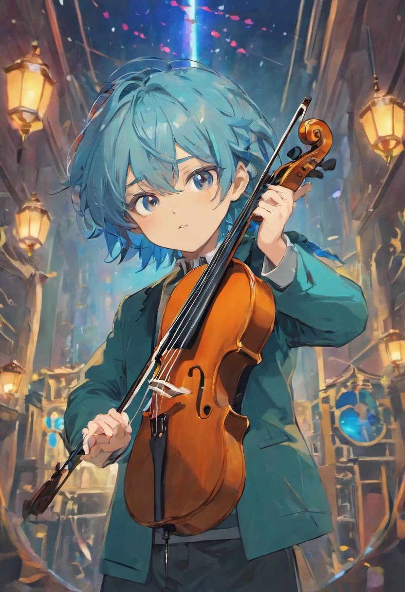 Stable Diffusion prompt:

boy playing violin with full body artwork,blue hair,vivid colors,,detailed fingers,long eyelashes,,beautifully detailed eyes,detailed facial features,sharp focus,studio lighting,detailed hands,portrait painting,contrast colors,professional,,artistic expression,detailed clothes,masterpiece:1.2,vibrant blue tones,texture-rich image,vivid lighting