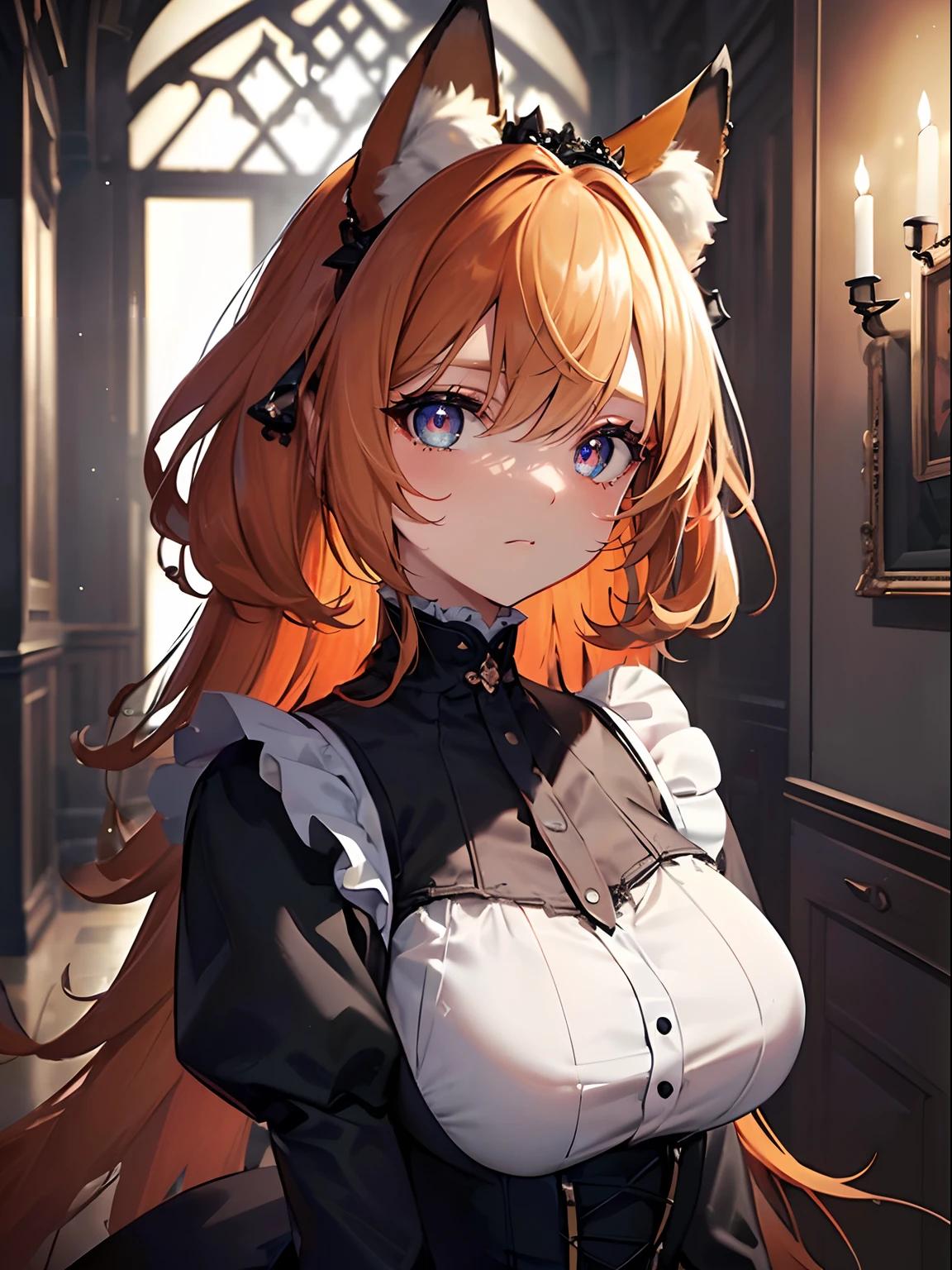 (masterpiece,best quality,ultra-detailed),1girl,fluffy ears,fox ears,orange hair,beautiful and detailed face, detailed eyes,looking at viewer,((grey theme),((depression, sadness, melancholy)),tired expression,diadem,gothic maid uniform,(foreground),in an old mansion,hallway,dark