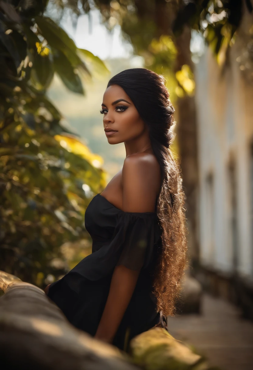 Mulher cabelo preto longo pel