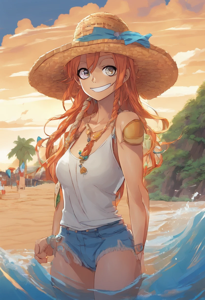 Nami and Luffy
(best quality,4k,8k,highres,masterpiece:1.2),ultra-detailed,(realistic,photorealistic,photo-realistic:1.37),portraits,colorful,sunny day
Nami, the beautiful navigator, standing on a sandy beach with long and flowing orange hair, wearing her signature orange and white striped tank top and blue shorts. Her bright and expressive eyes filled with determination and her lips adorned with a sweet smile that exudes confidence. She is holding her trusty Clima-Tact, a staff-like weapon with three orbs attached to it. The Clima-Tact features intricate details, with glowing blue and pink colors radiating from the orbs, symbolizing her weather manipulation abilities.
Next to Nami stands Luffy, the energetic and fun-loving captain of the Straw Hat Pirates. He wears his straw hat with a wide grin on his face, showing his carefree personality. Luffy's eyes are full of excitement, and his lips are slightly parted as if he's about to say something adventurous. His straw hat casts a playful shadow on his face, adding a touch of mystery.
The background showcases a beautiful sunny day on a tropical island. The vibrant blue sky is decorated with fluffy white clouds, creating a cheerful and lively atmosphere. The golden sand stretches out in front of Nami and Luffy, contrasting with the clear turquoise water. Palm trees sway gently in the warm breeze, providing a shade under which Nami and Luffy can enjoy their adventure.
The overall image quality is of the highest standard, with every detail rendered in stunning 4k resolution. The colors are vivid and vibrant, bringing the characters and the scenery to life. The lighting is perfectly balanced, casting natural shadows and highlighting the warmth of the sun. The portrait style emphasizes the characters' personalities, capturing their essence in a realistic yet artistic way.
In summary, this prompt paints a picture of Nami and Luffy, the main characters from the popular anime series One Piece, enjoying a sunny day on a tr