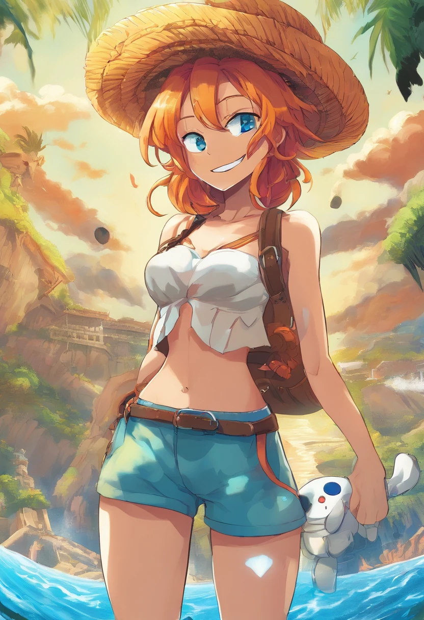 Nami and Luffy
(best quality,4k,8k,highres,masterpiece:1.2),ultra-detailed,(realistic,photorealistic,photo-realistic:1.37),portraits,colorful,sunny day
Nami, the beautiful navigator, standing on a sandy beach with long and flowing orange hair, wearing her signature orange and white striped tank top and blue shorts. Her bright and expressive eyes filled with determination and her lips adorned with a sweet smile that exudes confidence. She is holding her trusty Clima-Tact, a staff-like weapon with three orbs attached to it. The Clima-Tact features intricate details, with glowing blue and pink colors radiating from the orbs, symbolizing her weather manipulation abilities.
Next to Nami stands Luffy, the energetic and fun-loving captain of the Straw Hat Pirates. He wears his straw hat with a wide grin on his face, showing his carefree personality. Luffy's eyes are full of excitement, and his lips are slightly parted as if he's about to say something adventurous. His straw hat casts a playful shadow on his face, adding a touch of mystery.
The background showcases a beautiful sunny day on a tropical island. The vibrant blue sky is decorated with fluffy white clouds, creating a cheerful and lively atmosphere. The golden sand stretches out in front of Nami and Luffy, contrasting with the clear turquoise water. Palm trees sway gently in the warm breeze, providing a shade under which Nami and Luffy can enjoy their adventure.
The overall image quality is of the highest standard, with every detail rendered in stunning 4k resolution. The colors are vivid and vibrant, bringing the characters and the scenery to life. The lighting is perfectly balanced, casting natural shadows and highlighting the warmth of the sun. The portrait style emphasizes the characters' personalities, capturing their essence in a realistic yet artistic way.
In summary, this prompt paints a picture of Nami and Luffy, the main characters from the popular anime series One Piece, enjoying a sunny day on a tr