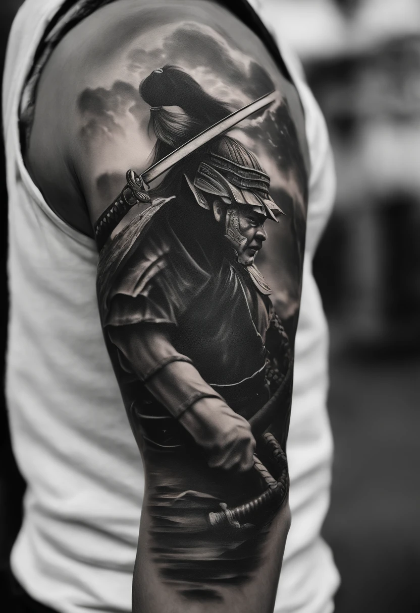 Create an image of a realistic arm with a tattoo of a samurai in black and white.