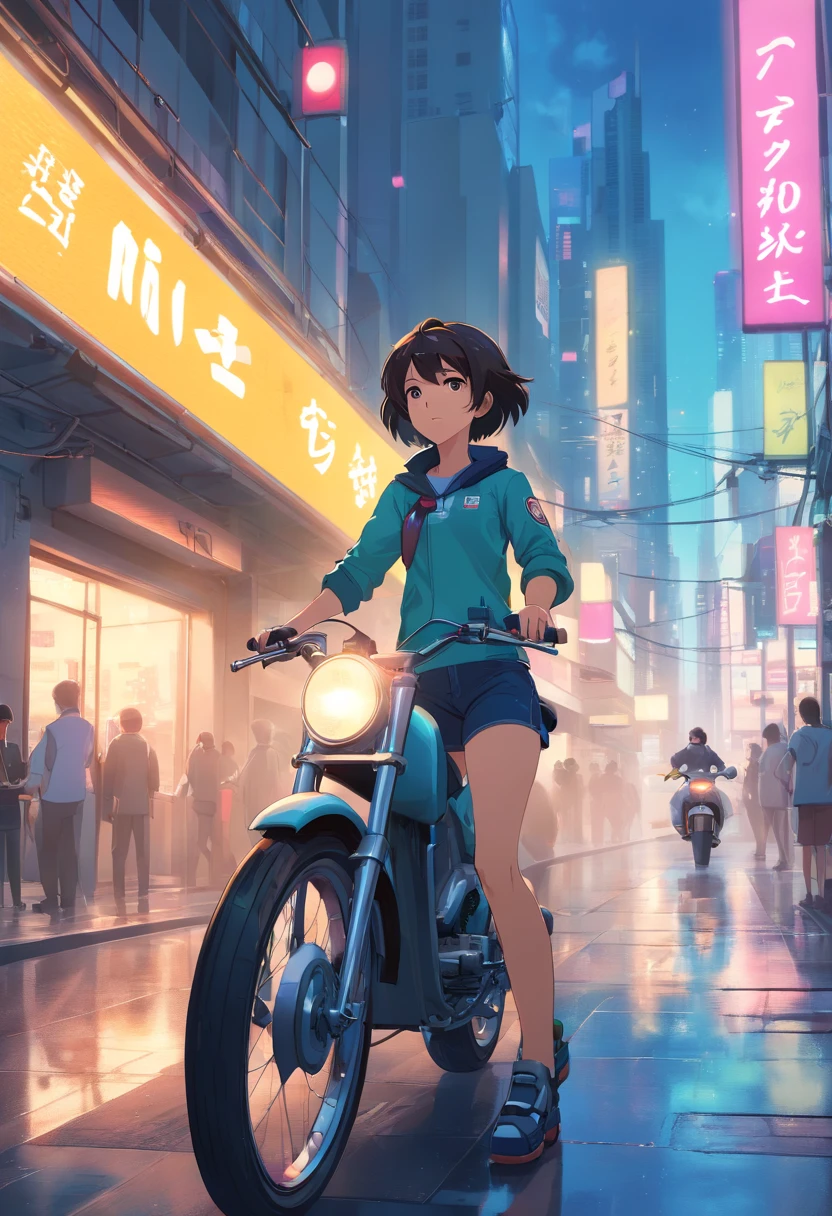 「((Qualidade Superior)), ((Melhor Varejo)), (high level of detail: 1.3),。.。.....3d、Lindo fiz(O cyberpunk: 1.3)mulher hacker、female spy、pilotando uma motocicleta