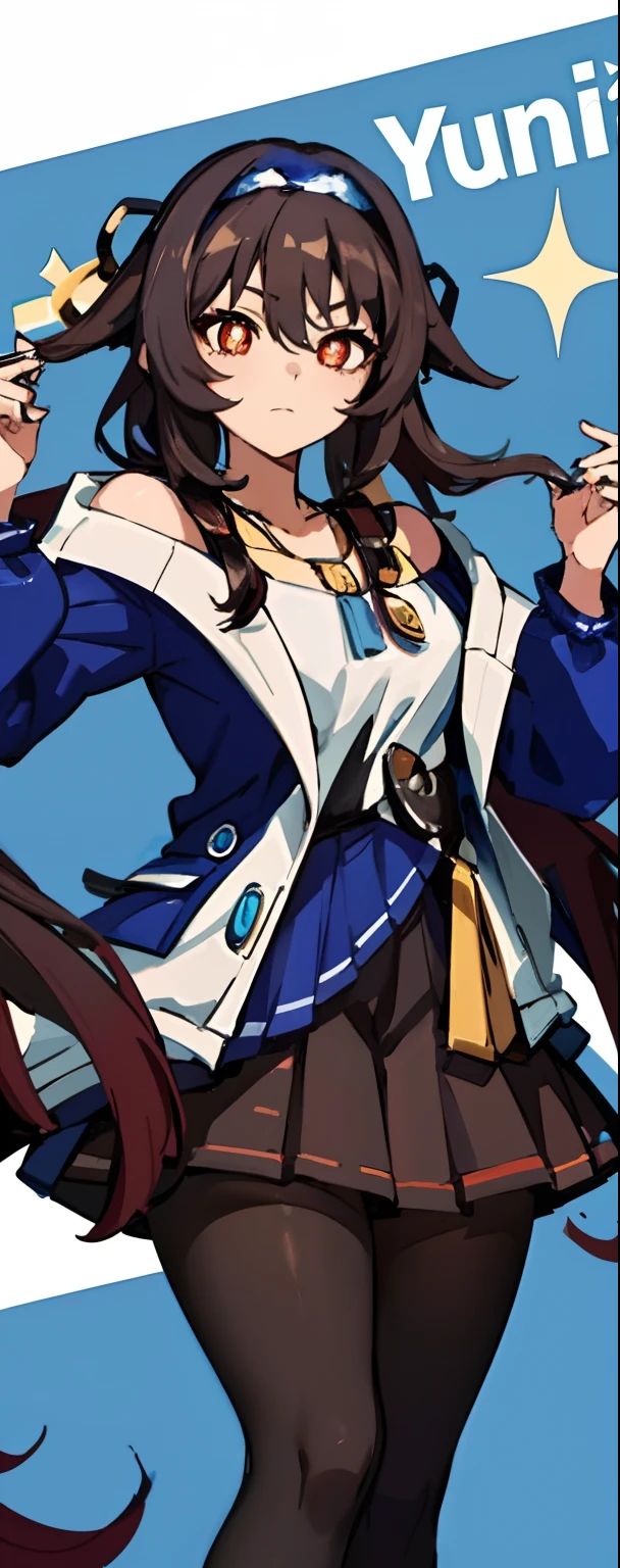 Best quality, Mastery, detailed hairs, A high resolution, (((Yunyun))) ,necklace, hair adornments, (Beautiful face), Blue dress, view the viewer, Blue hair, standing, (Above the waist),Medusa