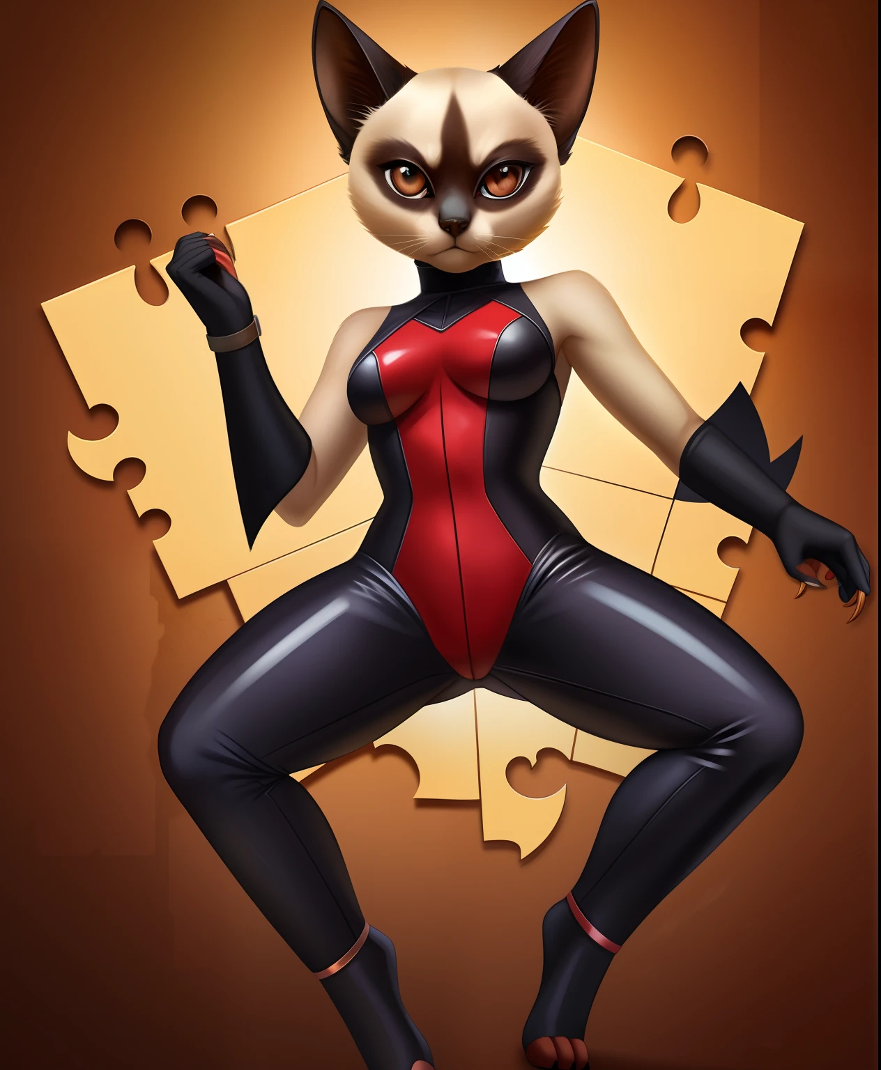 Cryptic Claw the female Siamese cat supervillain, jigsaw puzzle costume, full body view