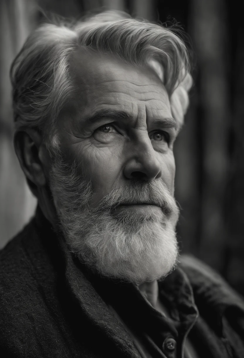 (best quality,highres),(realistic:1.37),(portrait,black and white),detailed face,kind and wise expression,gray hair and beard,wrinkles around the eyes and mouth,gentle smile,soft lighting,subtle shadows,high contrast,emotive eyes,pensive mood,aged skin texture,fine lines and imperfections,on a textured canvas,Van Dyke brown,subdued colors,intimate gaze,serious but approachable demeanor,photorealistic rendering,sophisticated atmosphere,expressive eyebrows,sincere and loving eyes,thoughtful and reflective,paternal love,weathered features,enduring strength and wisdom,traditional style,expertly painted,attention to detail,character and personality shining through