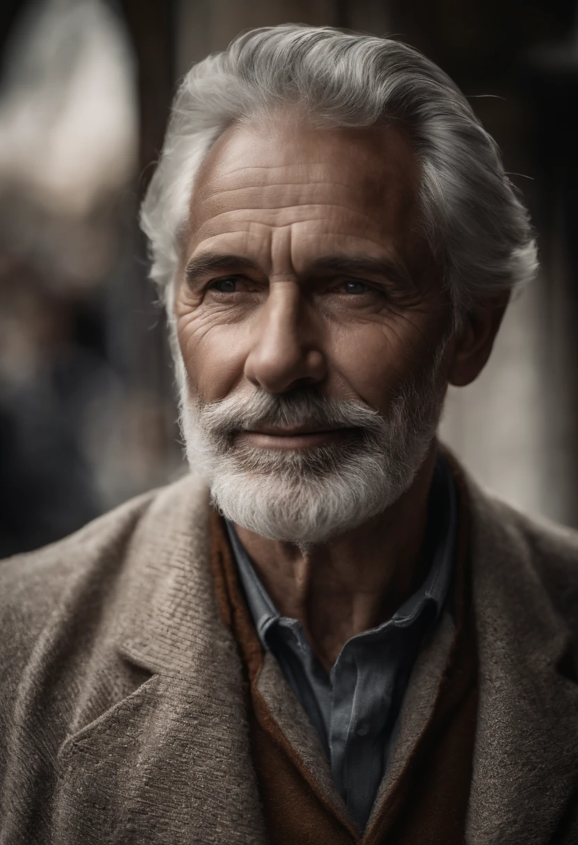 (best quality,highres),(realistic:1.37),(portrait,black and white),detailed face,kind and wise expression,gray hair and beard,wrinkles around the eyes and mouth,gentle smile,soft lighting,subtle shadows,high contrast,emotive eyes,pensive mood,aged skin texture,fine lines and imperfections,on a textured canvas,Van Dyke brown,subdued colors,intimate gaze,serious but approachable demeanor,photorealistic rendering,sophisticated atmosphere,expressive eyebrows,sincere and loving eyes,thoughtful and reflective,paternal love,weathered features,enduring strength and wisdom,traditional style,expertly painted,attention to detail,character and personality shining through