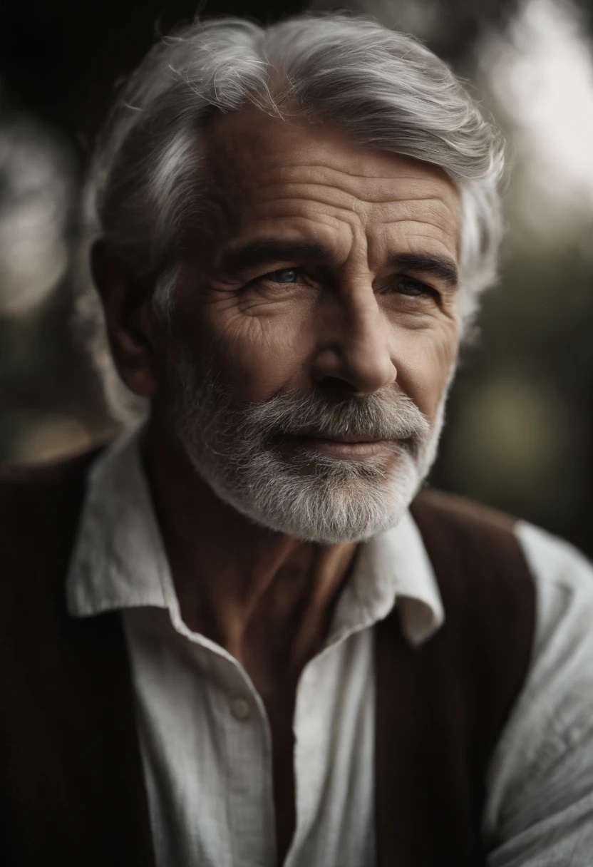 (best quality,highres),(realistic:1.37),(portrait,black and white),detailed face,kind and wise expression,gray hair and beard,wrinkles around the eyes and mouth,gentle smile,soft lighting,subtle shadows,high contrast,emotive eyes,pensive mood,aged skin texture,fine lines and imperfections,on a textured canvas,Van Dyke brown,subdued colors,intimate gaze,serious but approachable demeanor,photorealistic rendering,sophisticated atmosphere,expressive eyebrows,sincere and loving eyes,thoughtful and reflective,paternal love,weathered features,enduring strength and wisdom,traditional style,expertly painted,attention to detail,character and personality shining through