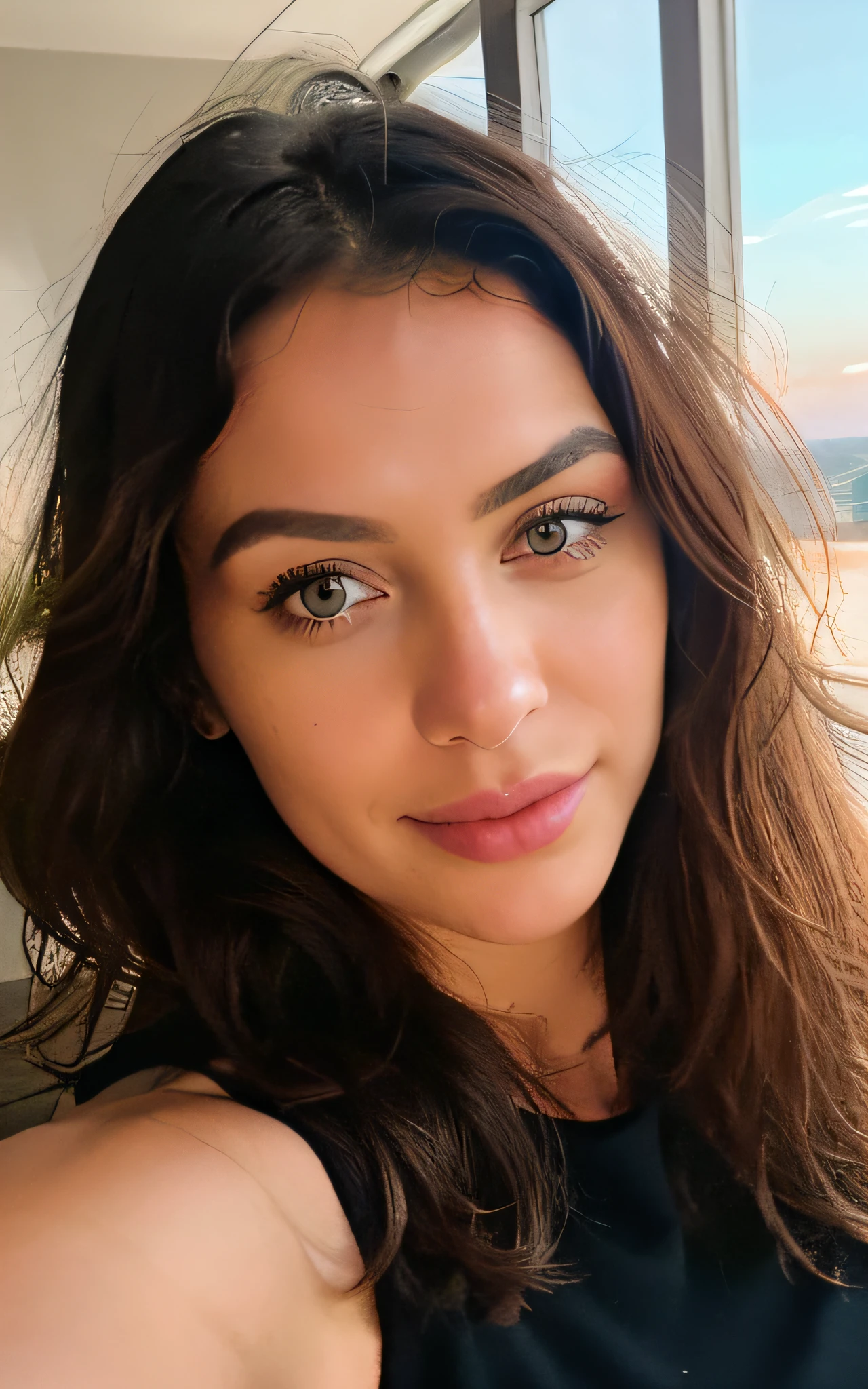 Jolie belle brune avec pull jaune (Drinking coffee in a modern café at sunset), highly detailed, 25 ans, visage innocent, naturally wavy hair, yeux bleus, belles dents, high resolucion, шедевр, Selfie, beste-Qualit, intricate high detail, highly detailed, mise au point nette, detailed skin, realistic skin texture, Texture, detailled eyes, Professionnel, 4K, sourire charmant, prise avec Canon, 85 mm, Light depth of field, Kodak Vision Couleur, perfect fit body, extremly detailed, photographier_\(ultra\), photographierRealstic, Realstic, Post-traitement, maximum details, roughness, real life, ultrarealistic, photorealism, Photographie, 8K UHD, Photographie