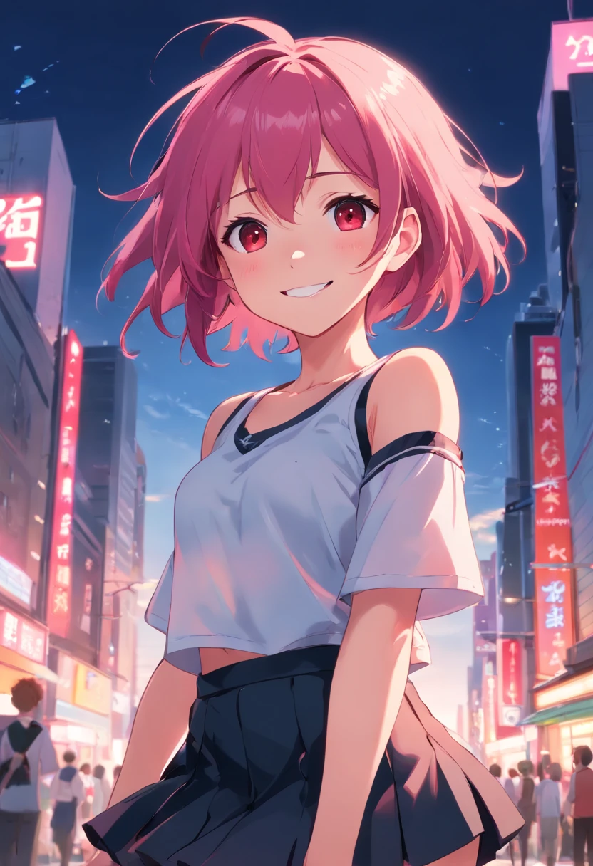 Anime girl smiling, pink hair, messy hair, red eyes, cute face, girlfriend look, white top, black short skirt, sensual pose, full body, short stature, schoolgirl clothes