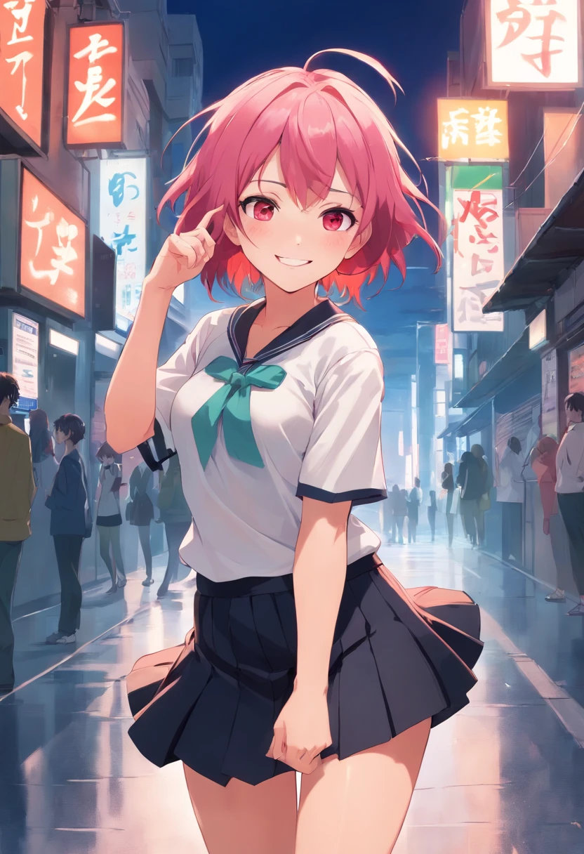 Anime girl smiling, pink hair, messy hair, red eyes, cute face, girlfriend look, white top, black short skirt, sensual pose, full body, short stature, schoolgirl clothes