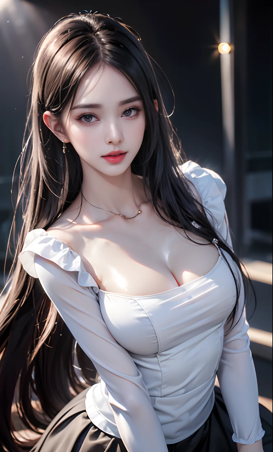 (8k, RAW photos, photorealistic: 1.25), (lip gloss, eyelashes, shiny face, shiny skin, top quality, ultra high resolution, depth of field, chromatic aberration, caustics, broadlighting, natural shading, kpop idol) Gentle, goddessy happiness watching viewer, (dark maid:1.2), miniskirt
