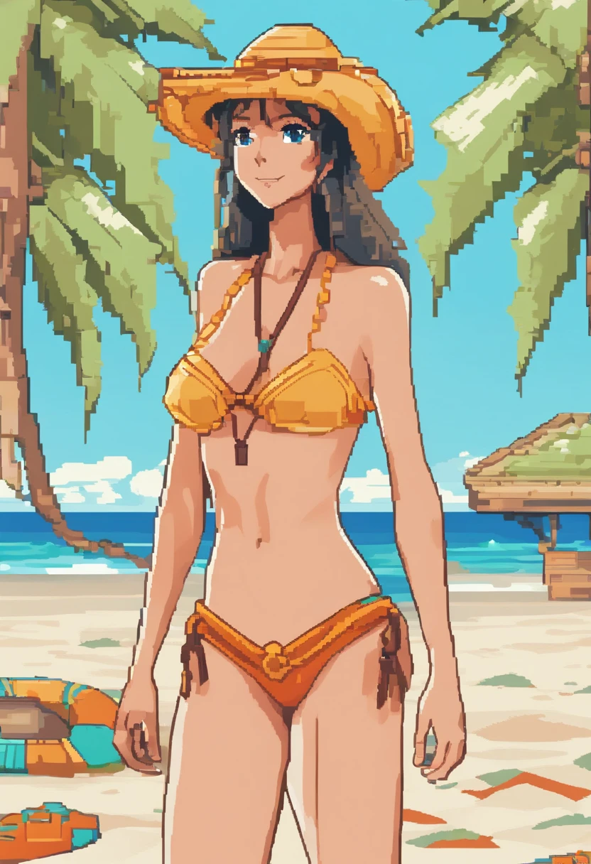 Nami with a bikini, Luffy, beach setting, detailed eyes, detailed lips, beautiful face, flowing hair, cheerful expression, sunny weather, clear blue sky, turquoise ocean, white sand, palm trees, tropical paradise, vibrant colors, dynamic pose, sandy beach, peaceful atmosphere, happy moment, pirate adventure, summer vibes, exotic location, anime style, high-res quality.