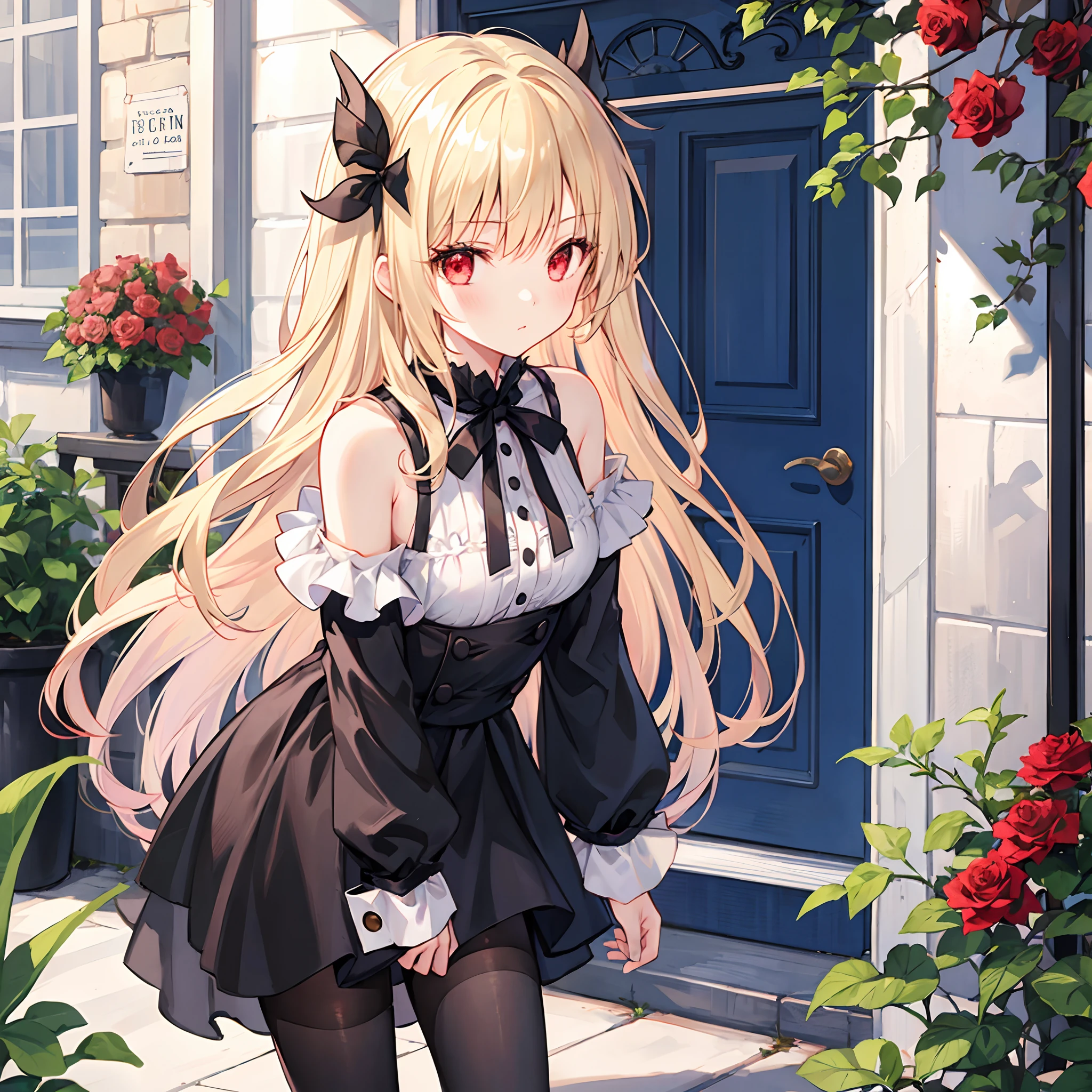 Girl with gray hair and red eyes、Blonde and red-eyed girl、Fluffy clothes、Black tights、off shoulders、Surrounded by roses、