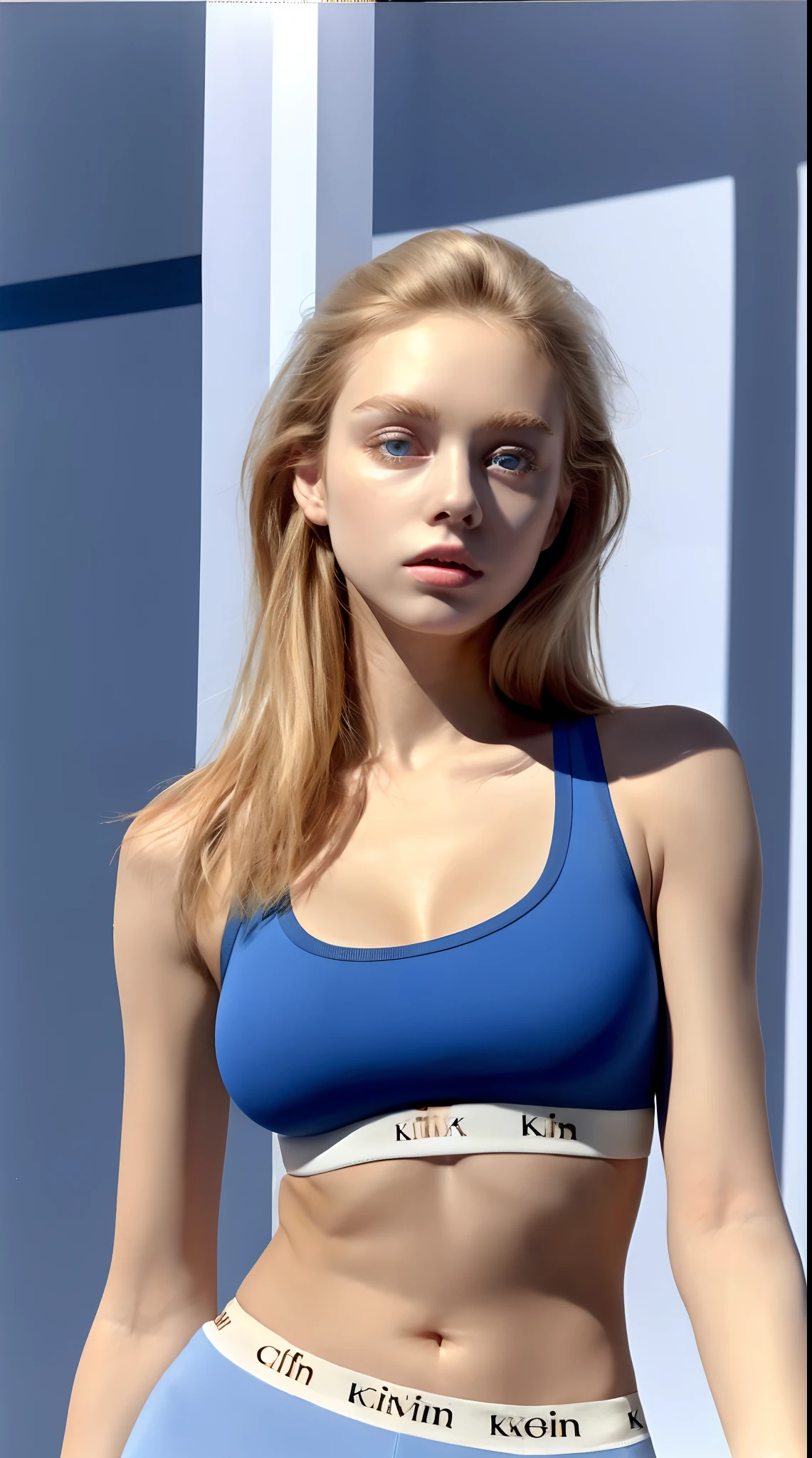 best quality, ultra high resolution, Light leaks, dynamic lighting, same, kpop idol,(beautiful and detailed face:1), 1 girl, 18 years old, defined body, Hourglass body, blonde hair hairstyles,very long_hair,(Round face :1.2),(detailed face and eyes),(expressive blue eyes),(round chin:1.2),(giant breasts),(nipple showing clothes),Standing in front of white wall,(Calvin Klein Blue Fitness Top and Calvin Klein Panties), exposed navel, retro art style
