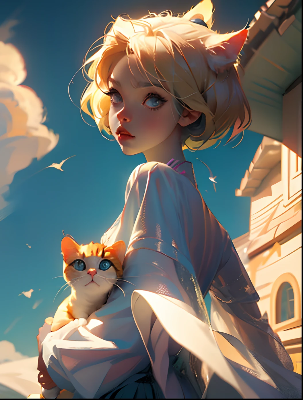 blonde short hair, cat ears, female, anime style, chibi style, cute
