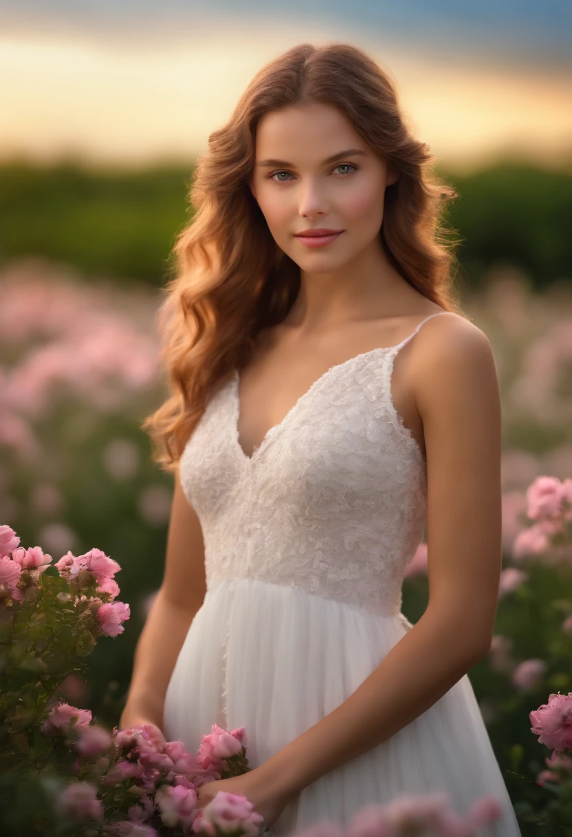 Best quality, masterpiece, ultra high resolution (photorealistic: 1.4), raw photo, 1 girl, white dress, bare shoulders, field of pink flowers in bloom, glowing skin, slight smile